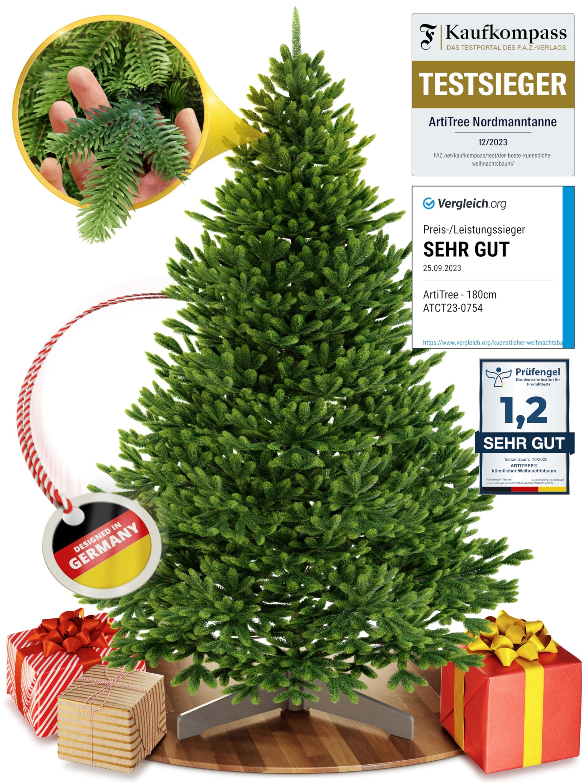 ArtiTree Künstlicher Weihnachtsbaum 180 cm – 100 % Spritzguss Nordfichte | Premium Tannenbaum naturgetreu inkl. FSC-Holzständer & Aufbewahrungstasche
