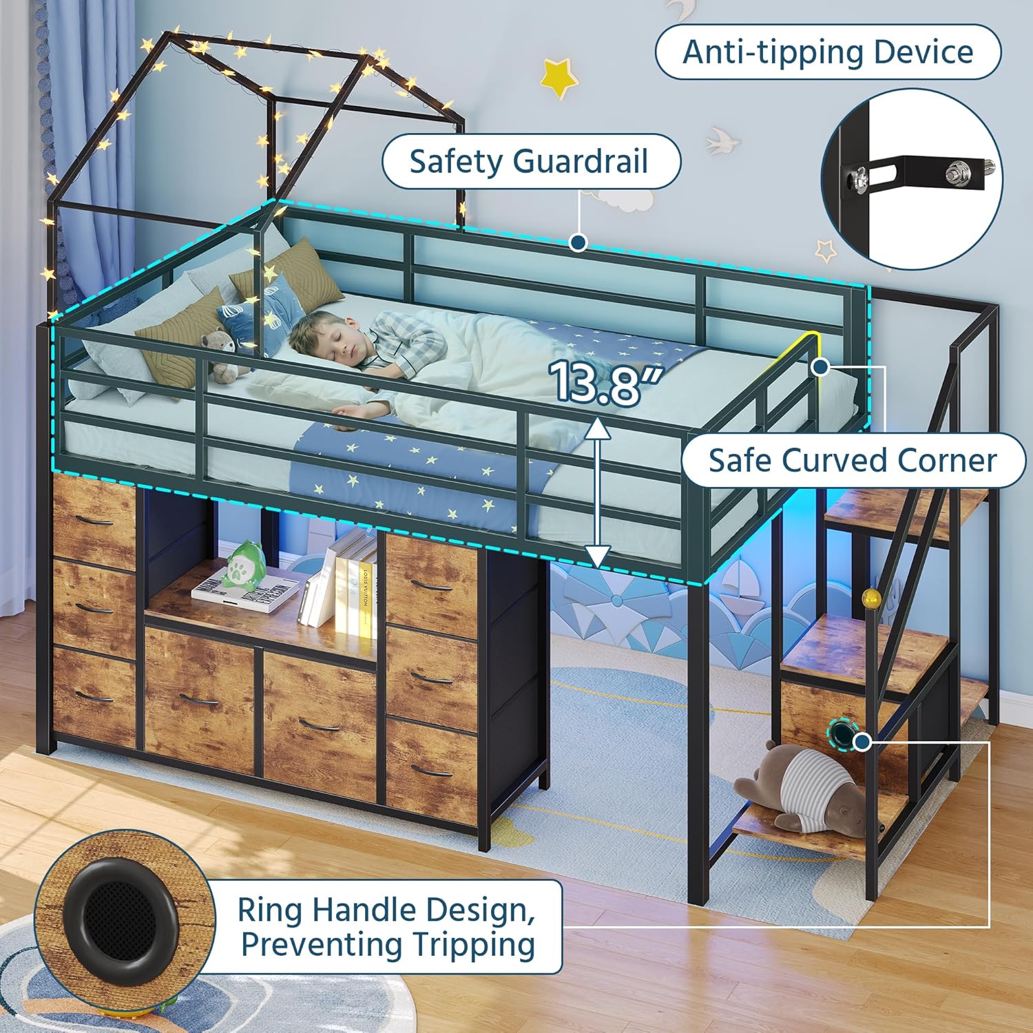 Loft Bed Twin Size, Low Loft Bed, Kids Loft Bed, House Shaped Twin Loft Bed, Under-Bed Play Space, 9 Drawers, 2 Storage Shevles, LED Lights, Charging Station, 13.8" Safety Guardrail，Brown