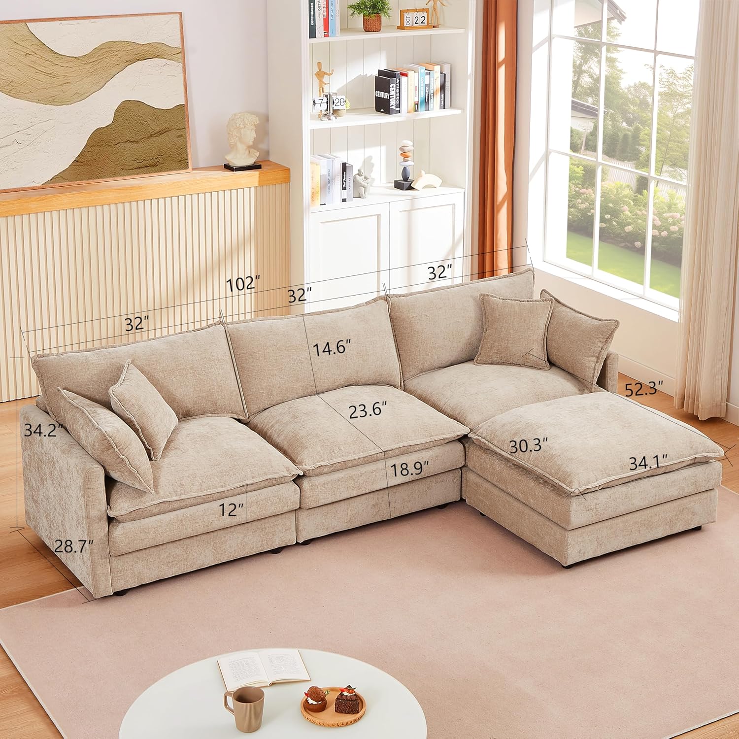 Modular Sectional Sofa, 105 Inch L Shaped Couch for Living Room, 4-Seater Comfy Chenille Small Cloud Couches with Movable Ottoman, DIY Combination,Light Coffee