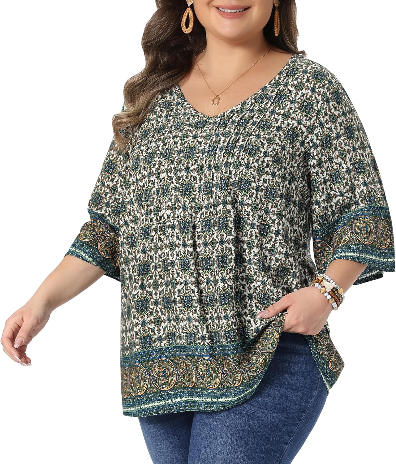 Agnes Orinda Plus Size Top for Women V Neck 3/4 Sleeve Floral Print Dressy Tops Casual Work Tunic Blouses - Image 2