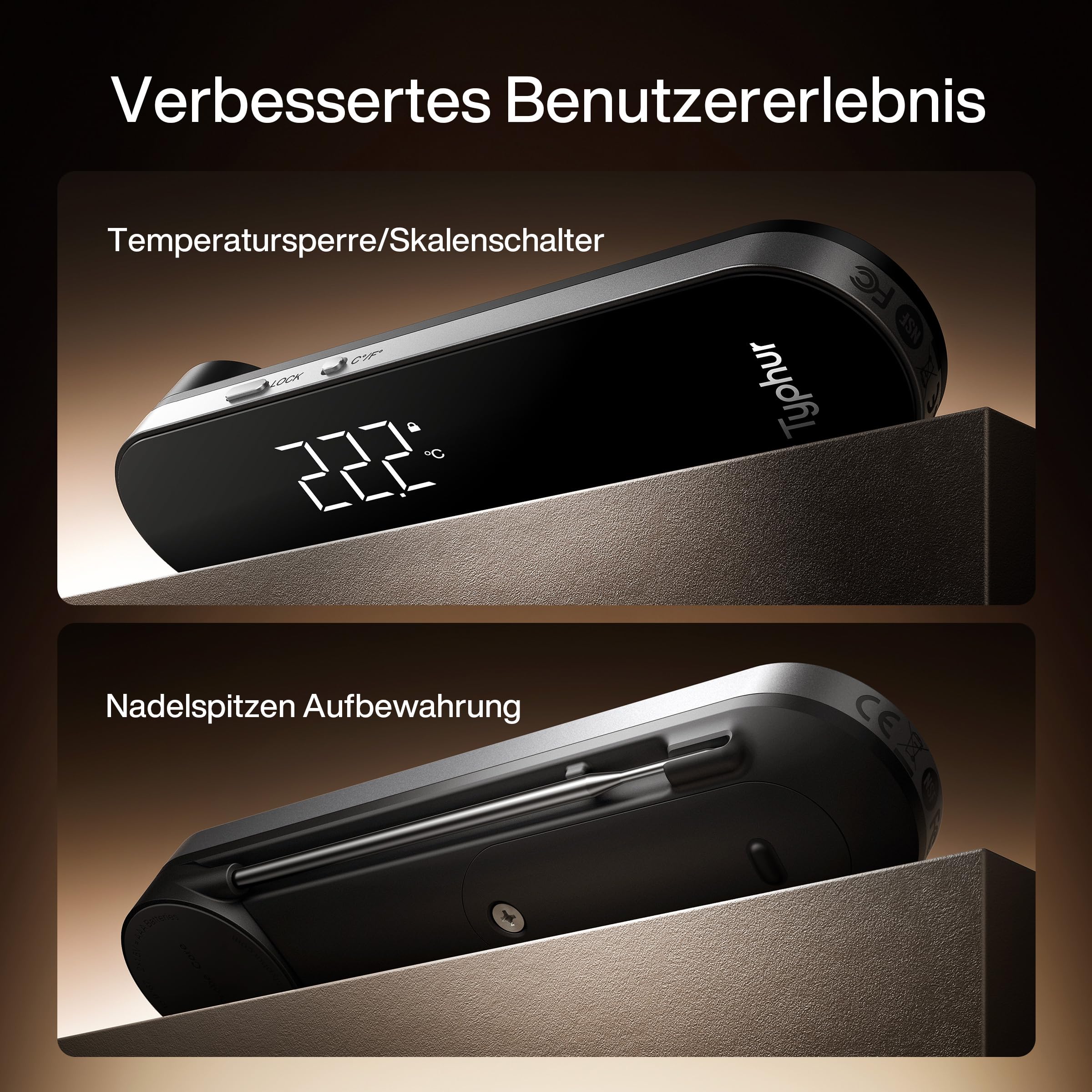 Typhur InstaProbe Core Profi Fleischthermometer Digital 0,5s Sofortanzeige | ±0,3°C Genauigkeit, NIST & NSF Zertifiziert, IP67, 180° Drehbildschirm, Magnethalter, Grillthermometer, Bratenthermometer