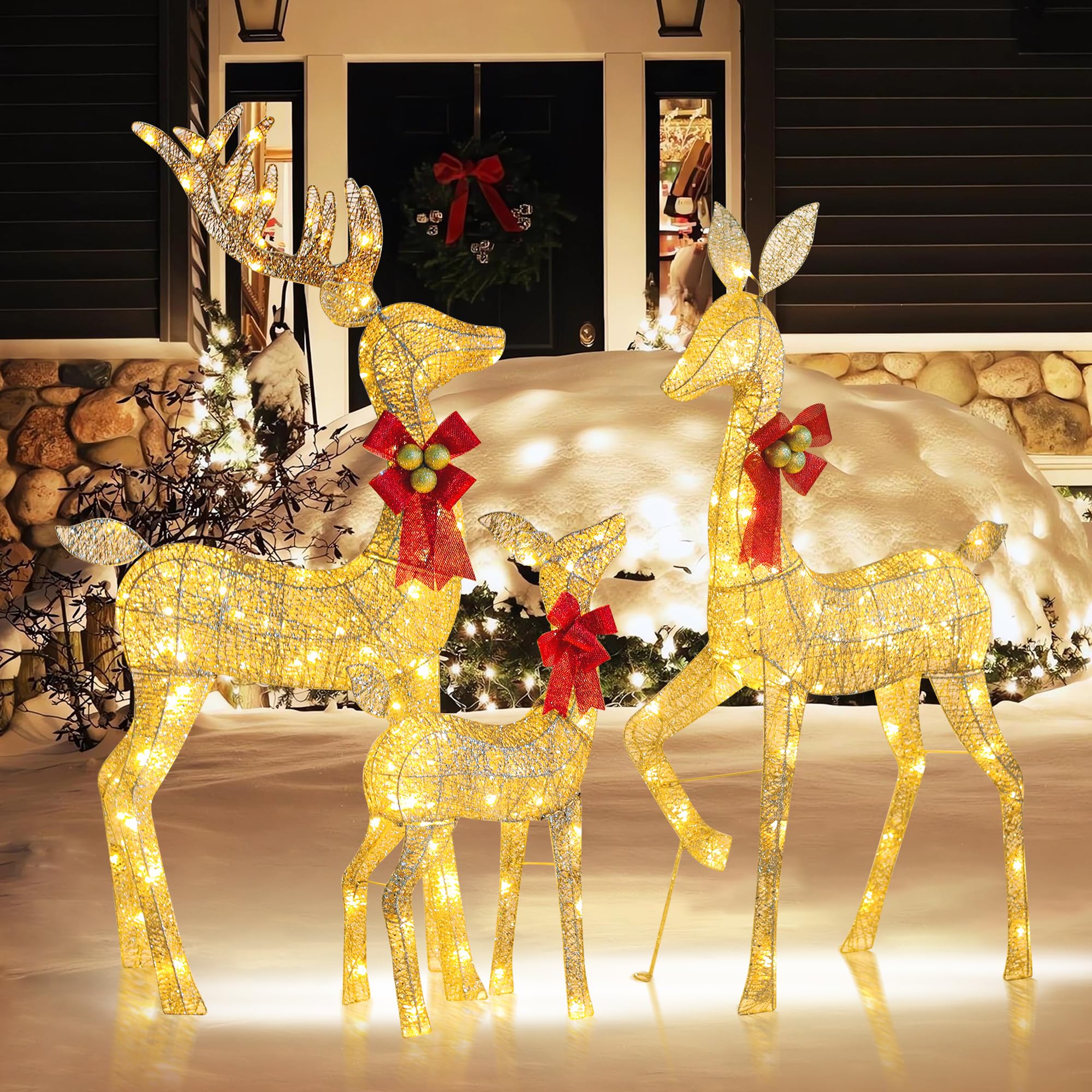 JEBELE 3 Pieces Christmas Reindeer Decorations Indoor Outdoor Lighted Deer Family Set with 210 LED Lights for Home Decor, Gold