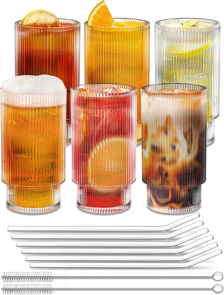 BRIZAR Ribbed Glassware, Glass Cups with Straws Set of 6 - Ribbed Drinking Glasses 12 oz. - Aesthetic Ribbed Glasses for Iced Coffee, Tea, Water, Beer, Highballs, Collins, Cocktail Glasses