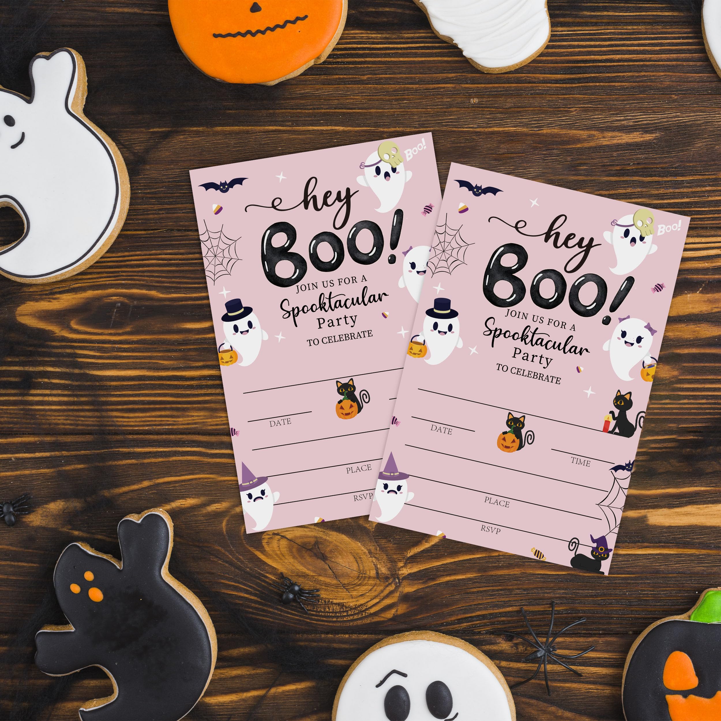 SIXEIGHT Pink Hey Boo zaproszenia na imprezę Halloween, uroczy duch kot zaproszenia na Halloween dla chłopców dziewcząt, 25 sztuk różowych kartek z zaproszeniami z kopertami, dekoracje na ślub