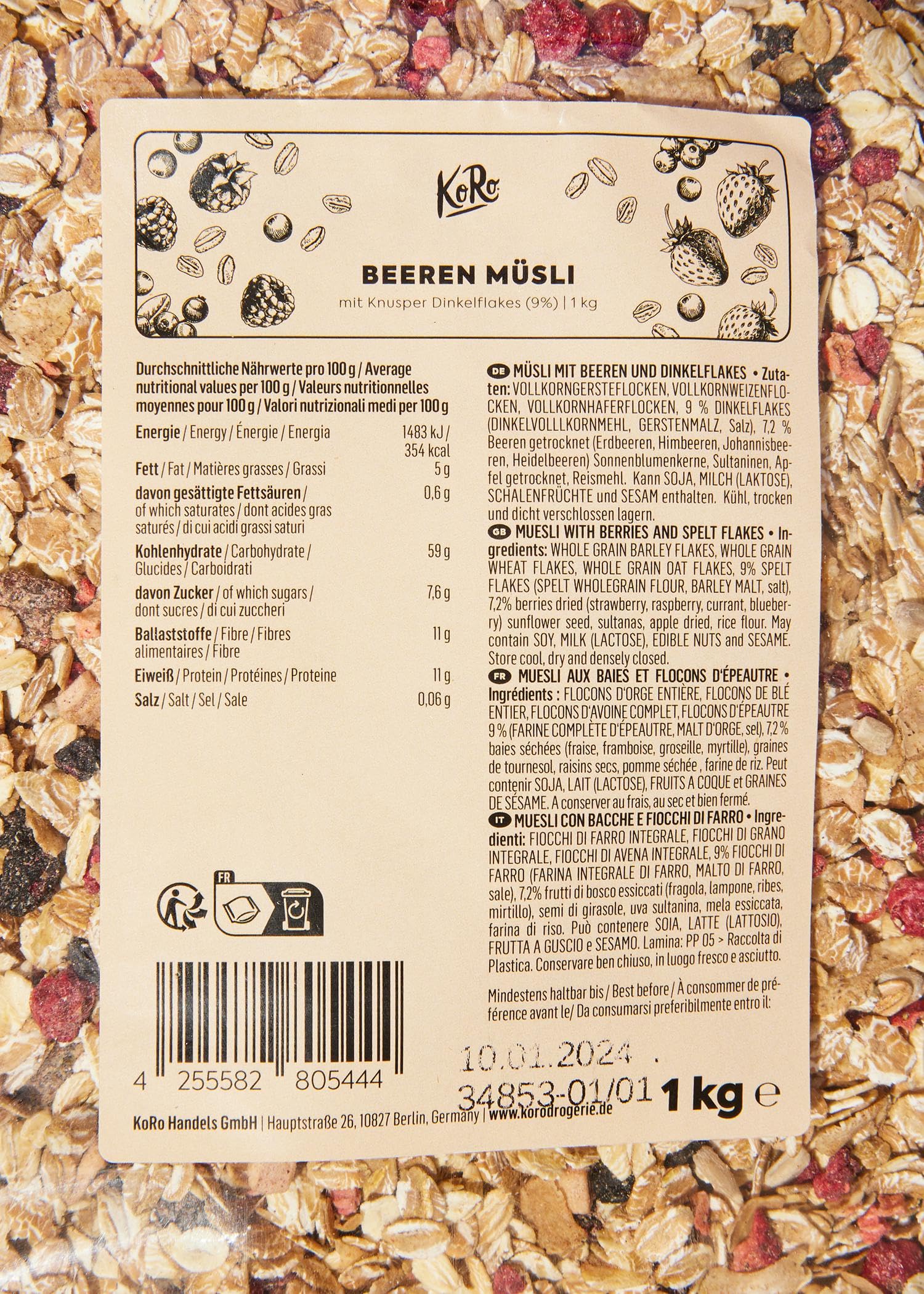 KoRo - Muesli aux fruits rouges avec flocons d'épeautre croustillants 6 x 1 kg - Baies séchées - Divers flocons de grains entiers - Sans sucre ajouté (contient du sucre naturellement présent)