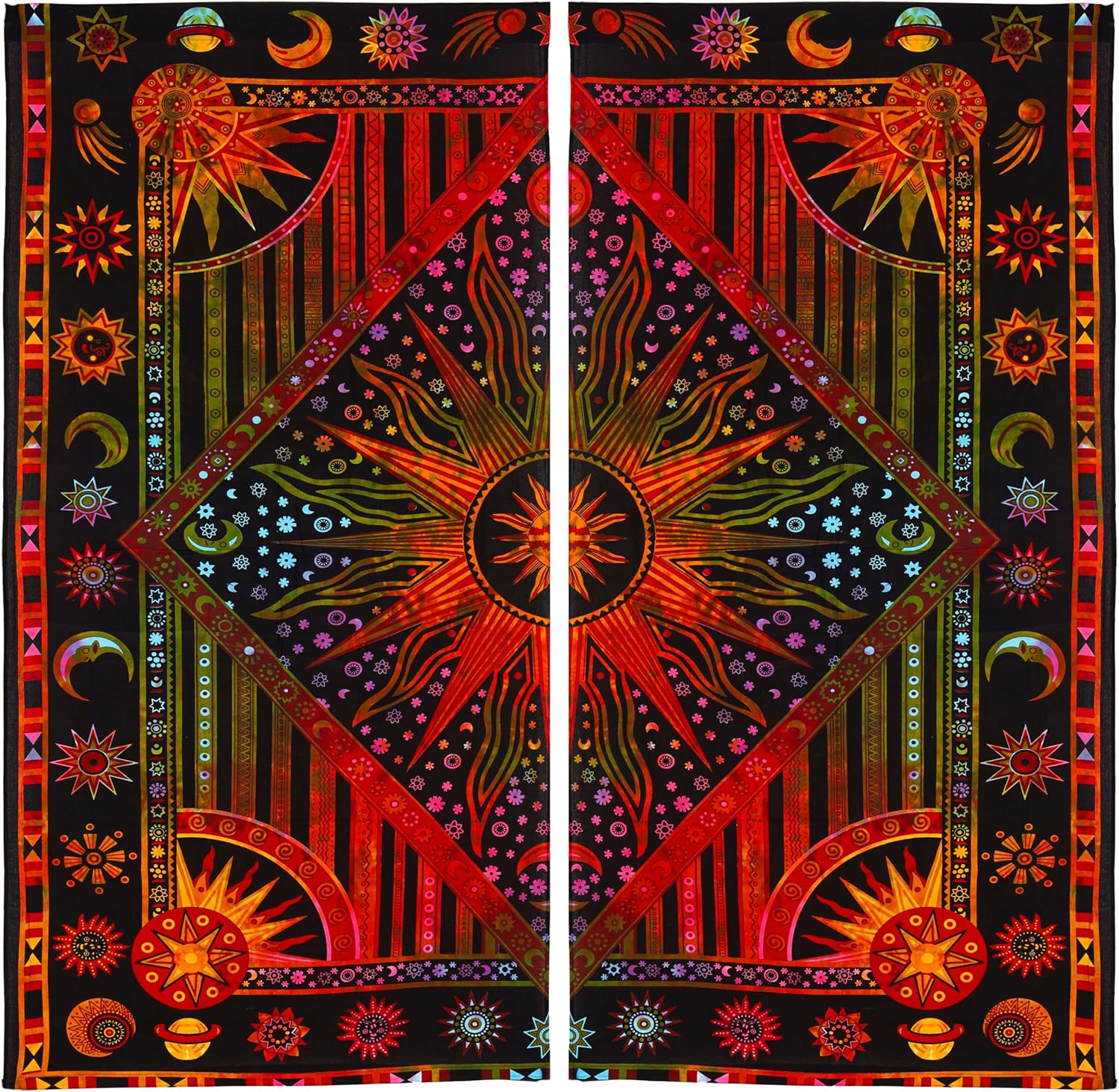 Bless International Beautiful Indian Bohemian Psychedelic Hippie Burning Sun Window Curtain Panels for Bedroom, Living, Balcony (Golden Tie Dye (38x83 Inches)(96x210 Cms))