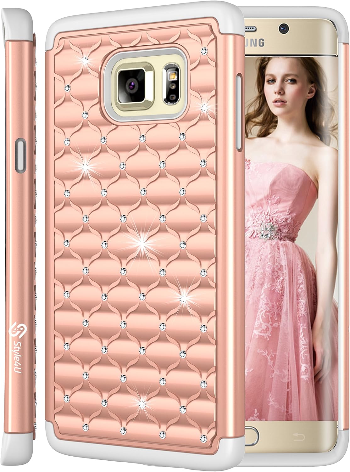 Galaxy S6 Edge Plus Case, Style4U Studded Rhinestone Crystal Bling Hybrid Armor Case Cover for Samsung Galaxy S6 Edge Plus / S6 Edge + with 1 Style4U Stylus [Rose Gold/Grey]