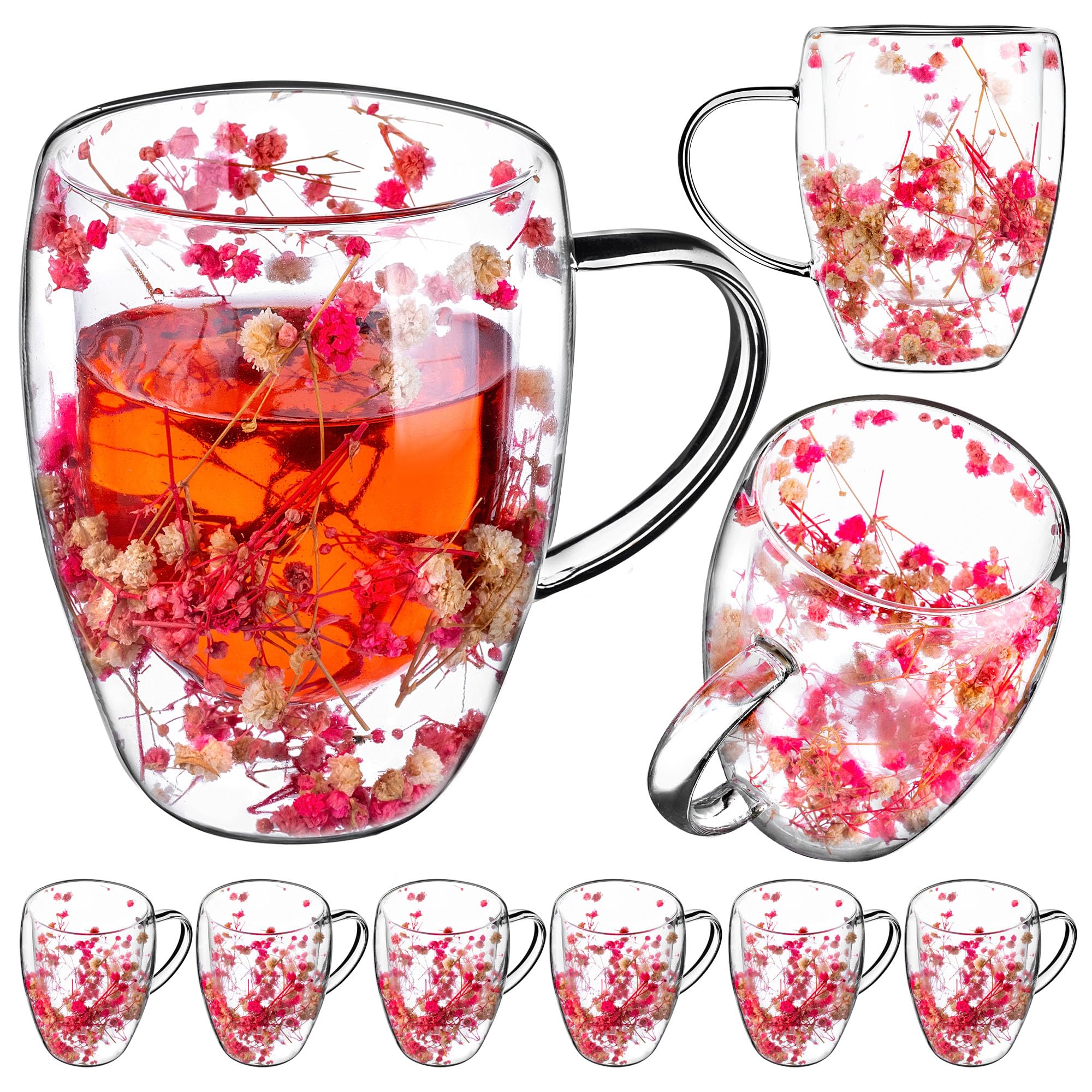 Tazza da caffè in vetro trasparente a doppia parete con fiori secchi