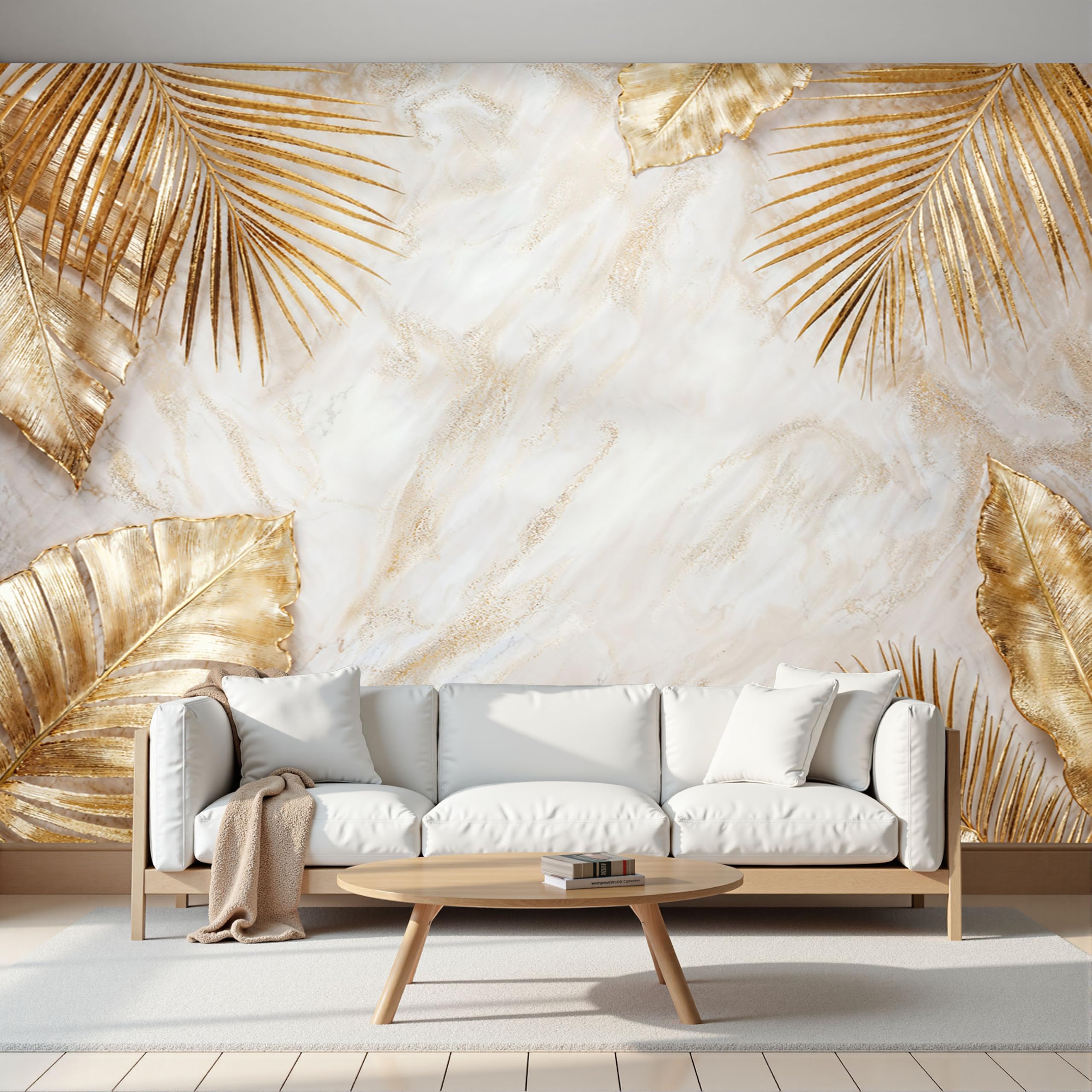 Papier peint panoramique marbre beige or moderne pour grand mur de salon