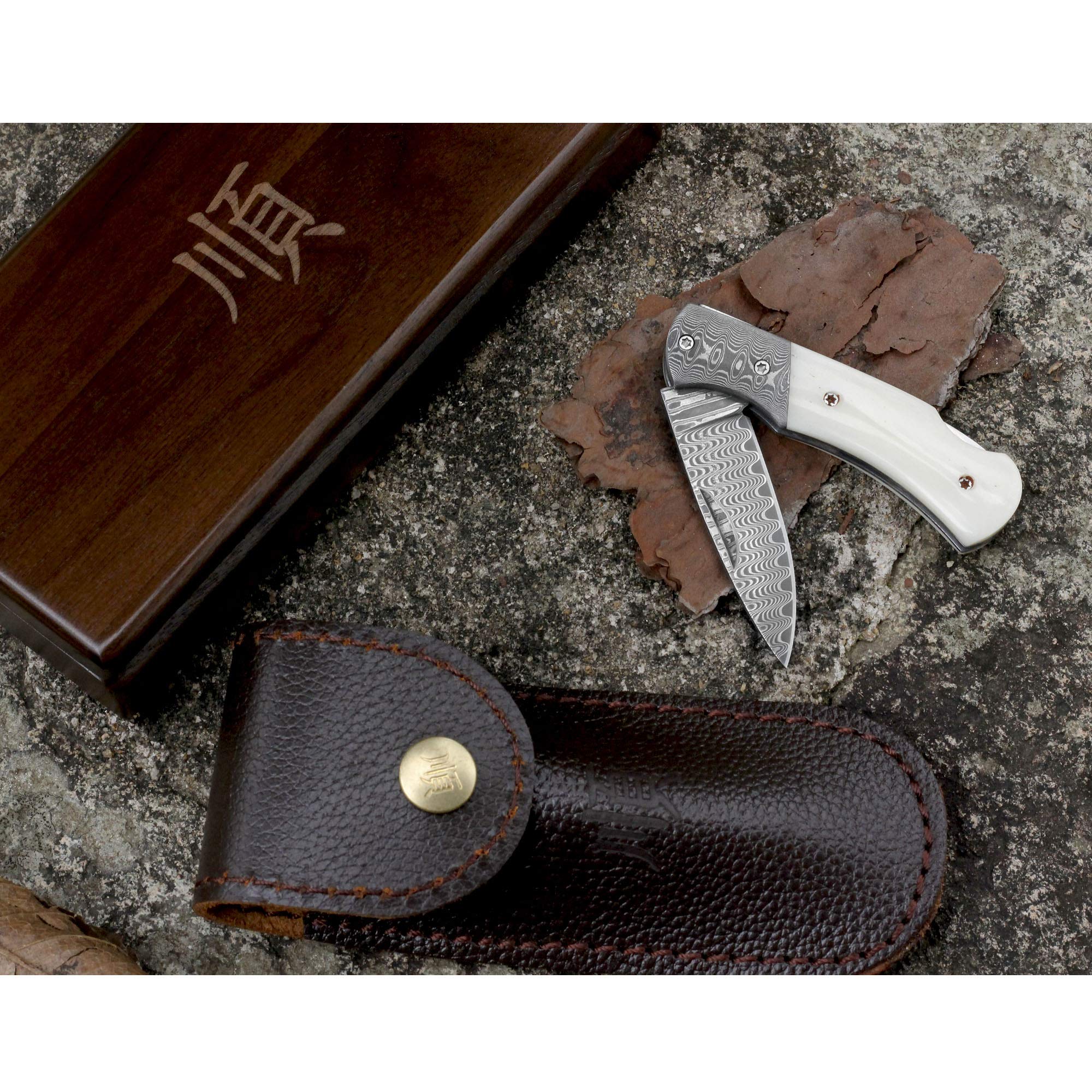 YOUSUNLONG Navaja de bolsillo y navaja 140mm - hoja de acero damasco - mango de hueso de toro