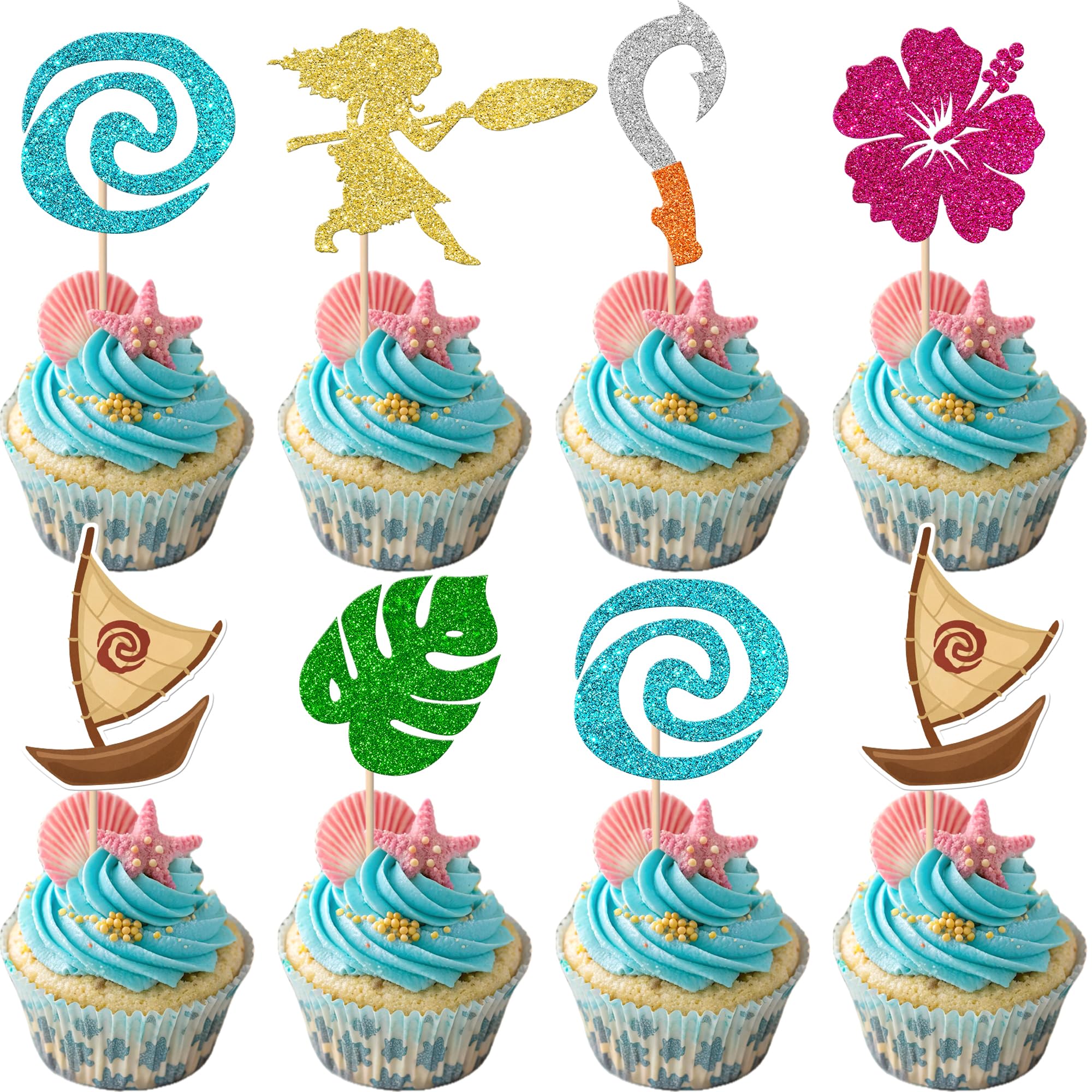 Xsstarmi 24 Pack Moana Inspired Cupcake Toppers Glitter Palm Leaf Flowers Monstera Theme Cupcake Picks for Tropical Hawaiian Luau Theme Baby Shower Birthday Party Cake Decorations Supplies — image 1