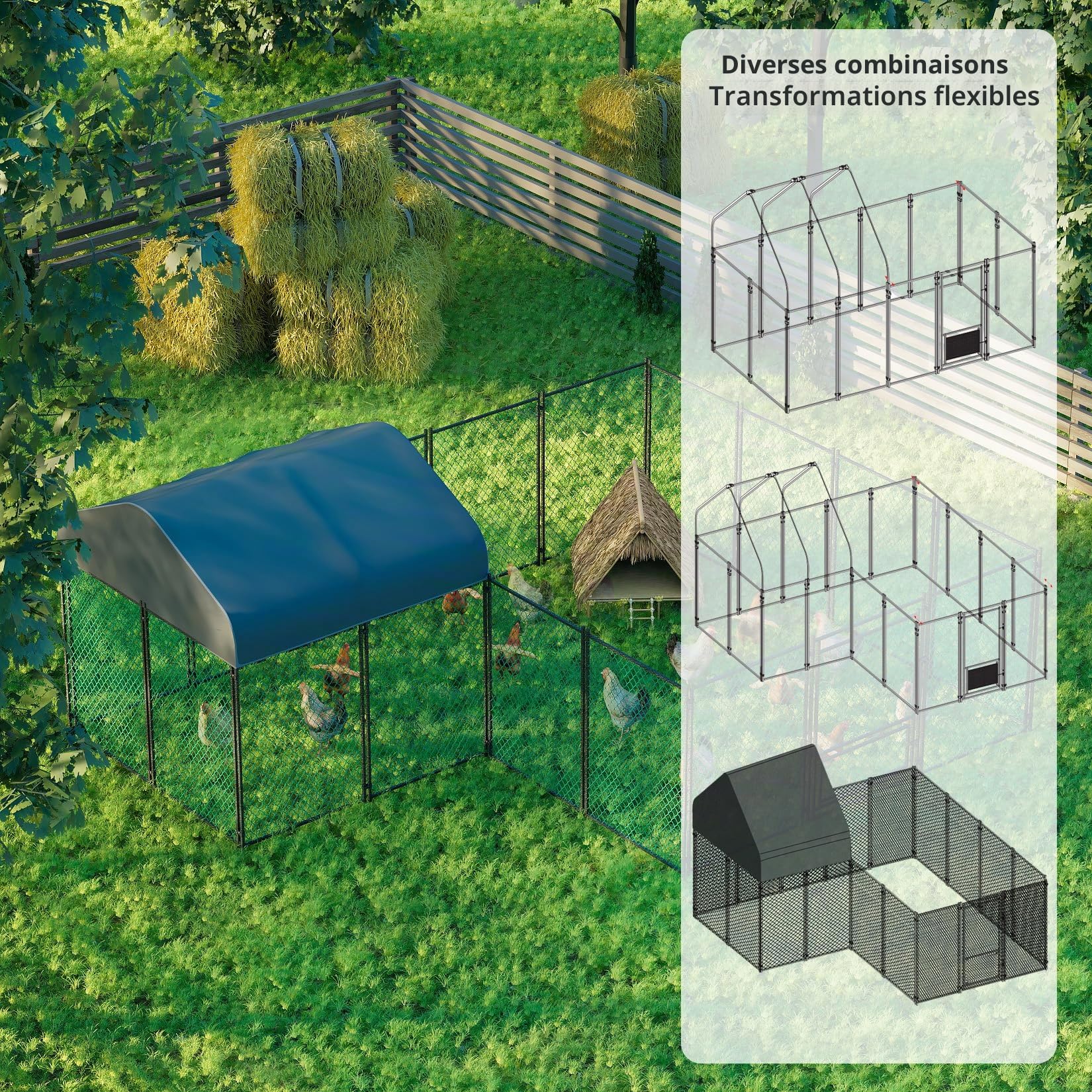 BingoPaw Poulailler Enclos Extérieur 10 m², Parc à Poules Grillagé Cage à Poule Grande Taille Cadre en Acier Galvanisé avec Bâche