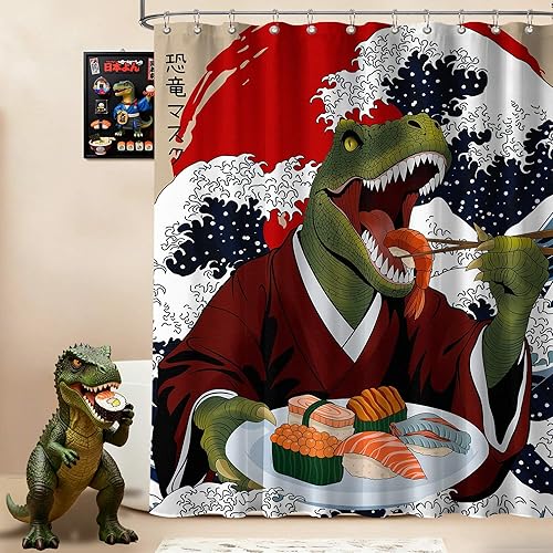 Miniatura 9 de Divertida cortina de ducha con diseño de gato japonés para juegos de decoración de baño, tela de tela impermeable con ganchos, 70 x 72 pulgadas
