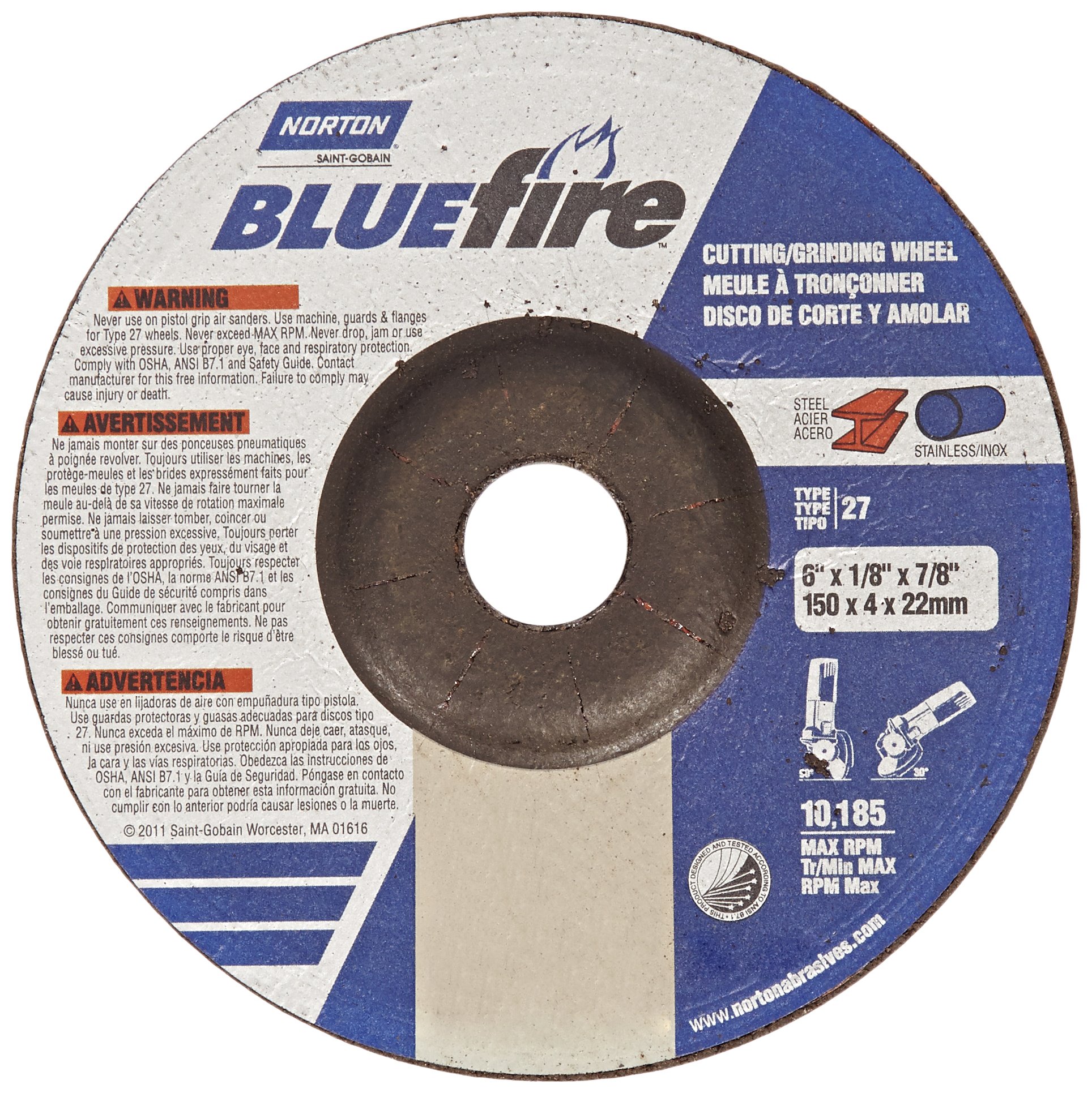 Norton Blue Fire Plus Fast Cut Depressed Center Abrasive Wheel, Type 27, Zirconia Alumina and Aluminum Oxide, 7/8
