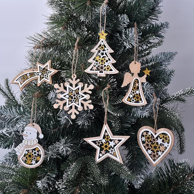 Amazon.com: Wooden Christmas Tree Ornaments, 7-Piece Rustic Farmhouse ...
