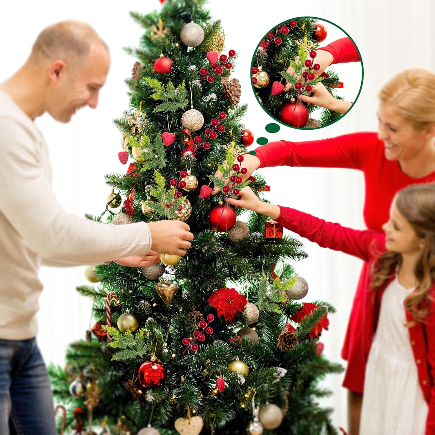 50 PCS Christmas Artificial Pine Picks with Red Berry Stems, 13" Faux Evergreen Norfolk Pine Cypress Branches, Fake Cedar Pine Needles Branches for DIY Craft Vase Garland Decoration