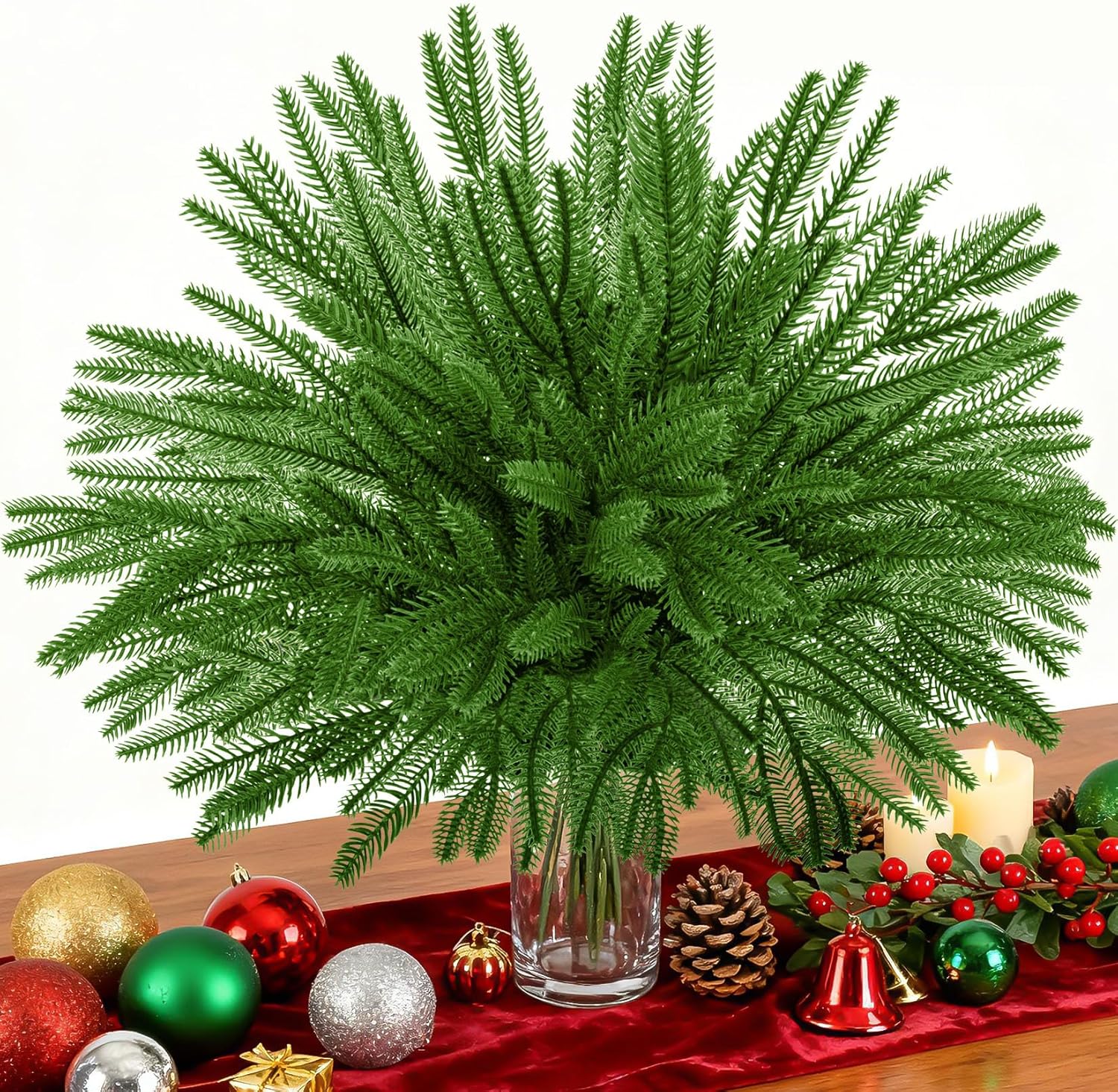 20PCS Christmas Norfolk Pine Branches - 13.7 Inch Lifelike Artificial Norfolk Pine Stems, Christmas Decorations Norfolk Pine Picks for Vase Mantel Centerpiece DIY Garland Garden Decoration