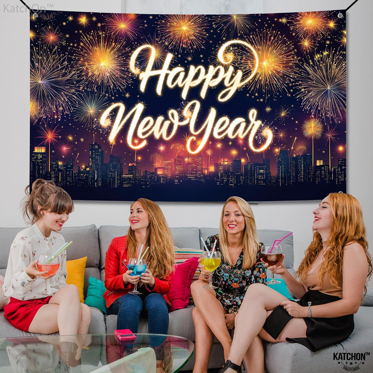 KatchOn, XtraLarge Happy New Year Banner - 72x44 Inch | Neon New Year Backdrop 2026 | Neon New Years Decorations 2026 | NYE Eve Banner For NYE Decorations 2026 | New Years Eve Party Supplies 2026