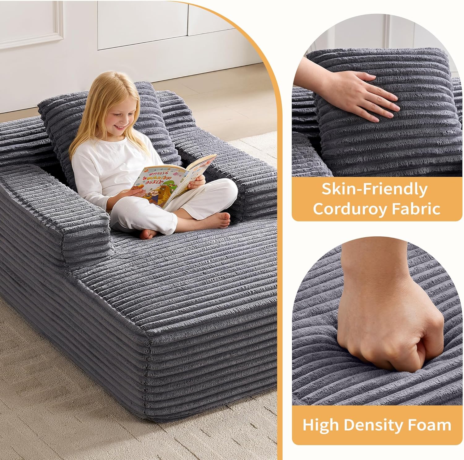 wanan 45.7" Chaise Lounge Chair Indoor, Corduroy Boneless Cloud Lounge Chair with Pillow & Wide Armrest, Comfy Deep Seat Sleeper Couch Reading Chairs for Living Room, Dark Grey