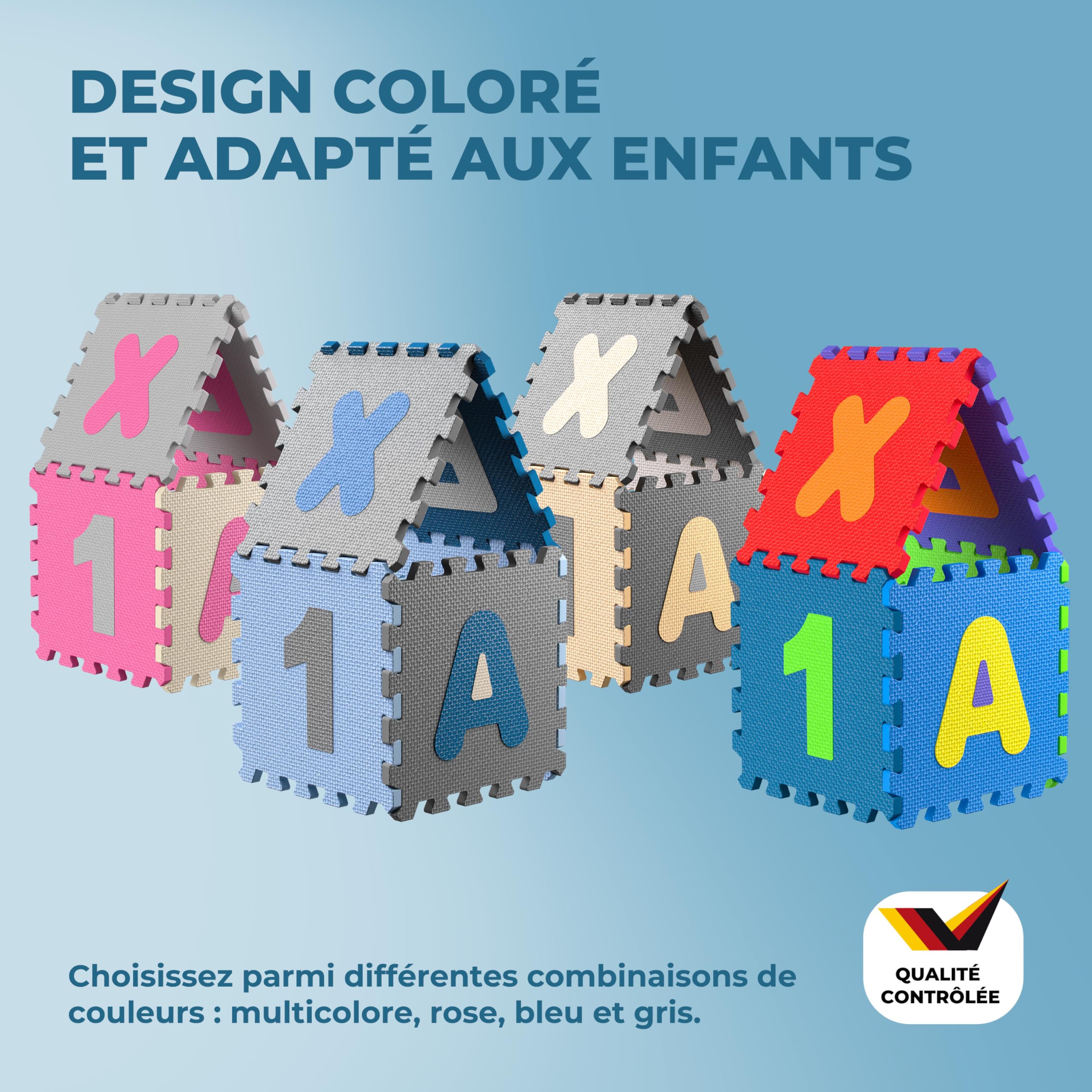 SPIELWERK Tapis Puzzle d'éveil et de Jeu Bleu - Dalles en Mousse XXL pour bébé ou Enfant Bas âge - Anti-dérapantes, avec Alphabet et Chiffres, 86 pièces, 36 Dalles de 30x30cm