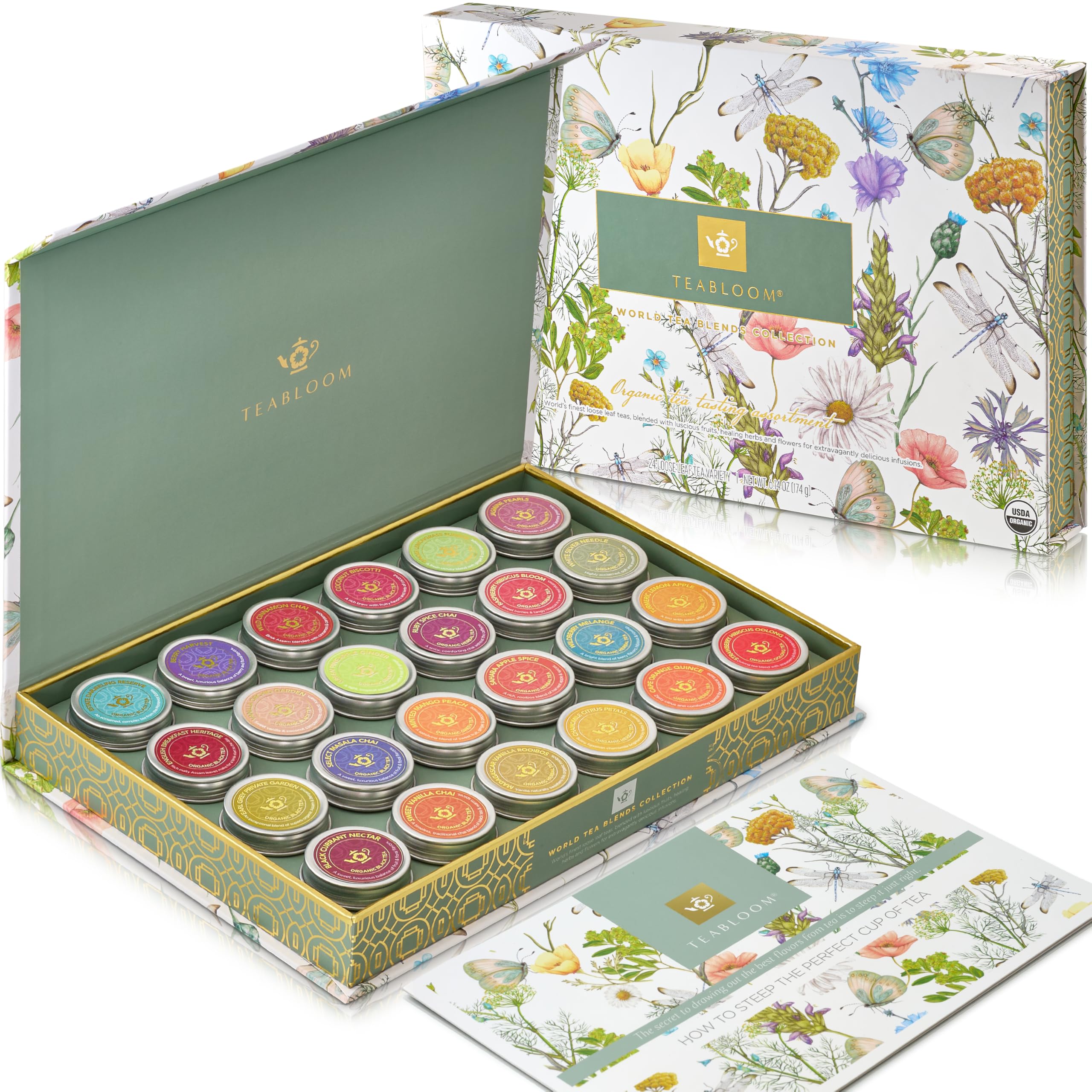 Exceptional Loose Leaf Tea Chest, World's Largest Tea Collection with 24 Varieties of USDA Certified Organic Black, Green, White, Oolong, and Herbal Teas