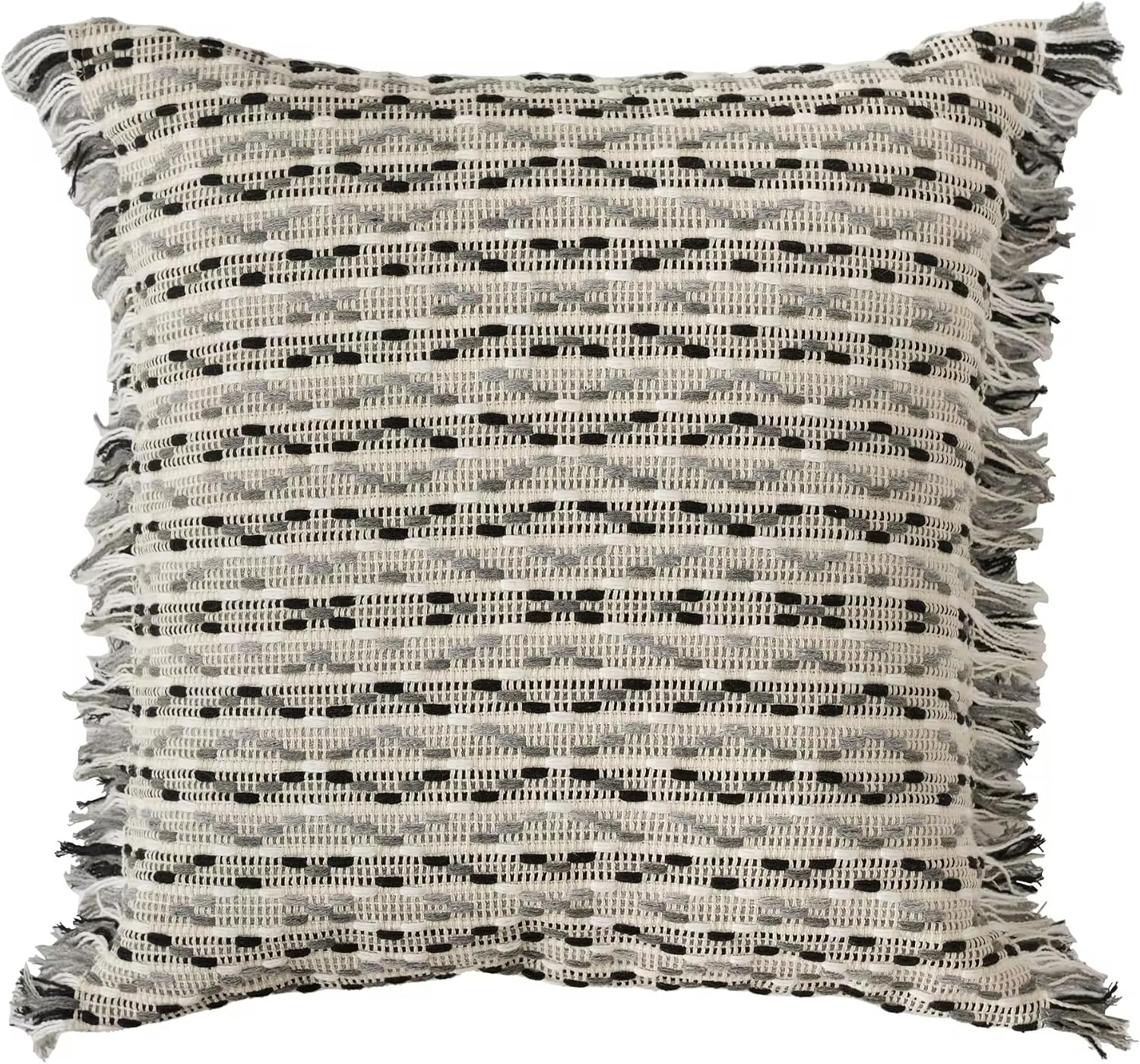 Fennco Styles Yarn Dyed Jacquard Decorative Filled Throw Pillow 18" W x 18" L - Black Striped Fringe Cushion for Home, Couch, Bedroom, Living Room and Office Décor