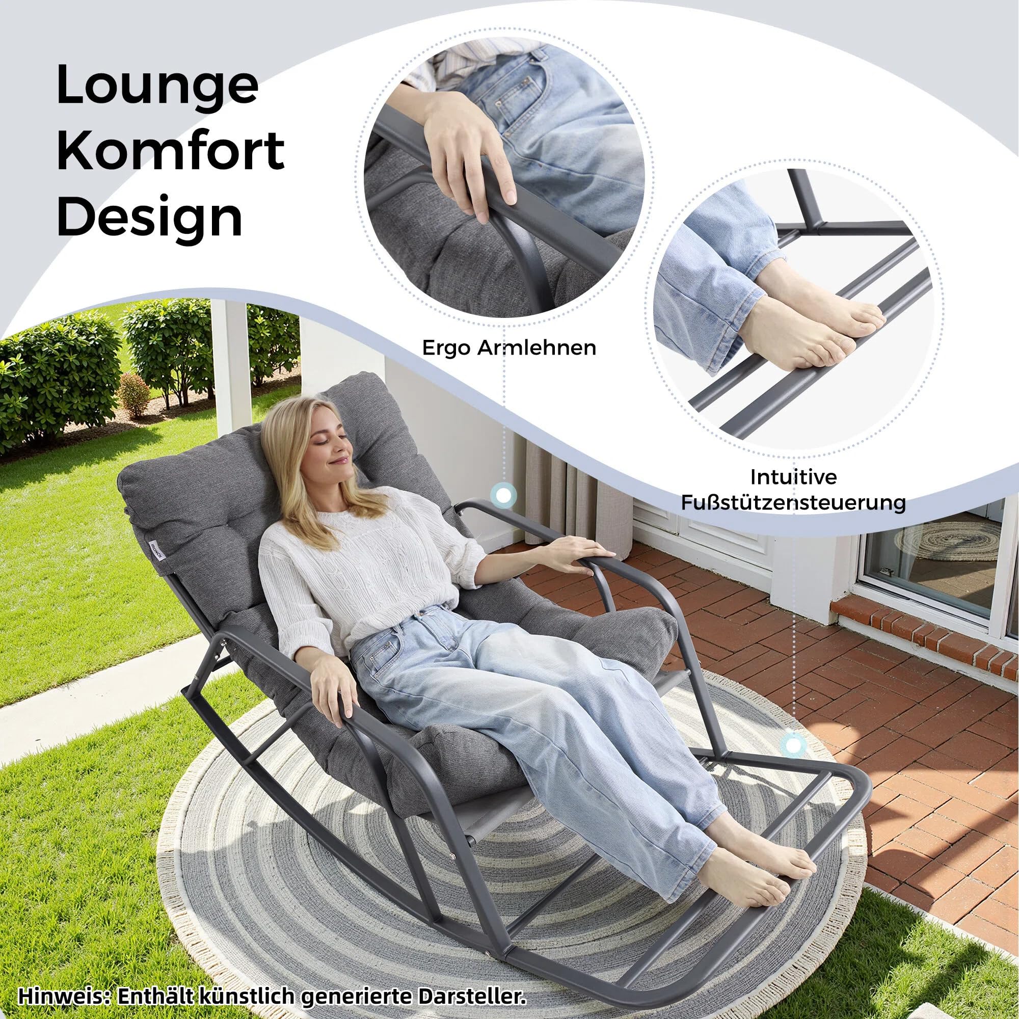 IRONCK Patio-Schaukelstuhl mit Kissen, Übergroßer Garten-Schaukelstuhl mit Armlehnen und Fußstütze, Moderner Lounge-Stühle für Wohnzimmer, Garten, Terrasse & Balkon, Grau