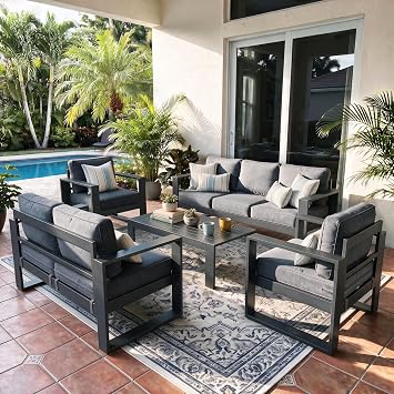 LayinSun 5 Pieces Aluminum Outdoor Patio Furniture Set, Metal Modern Conversation Sofa Set with Coffee Table and Washable Thick Cushions for Porch, Backyard, Deck