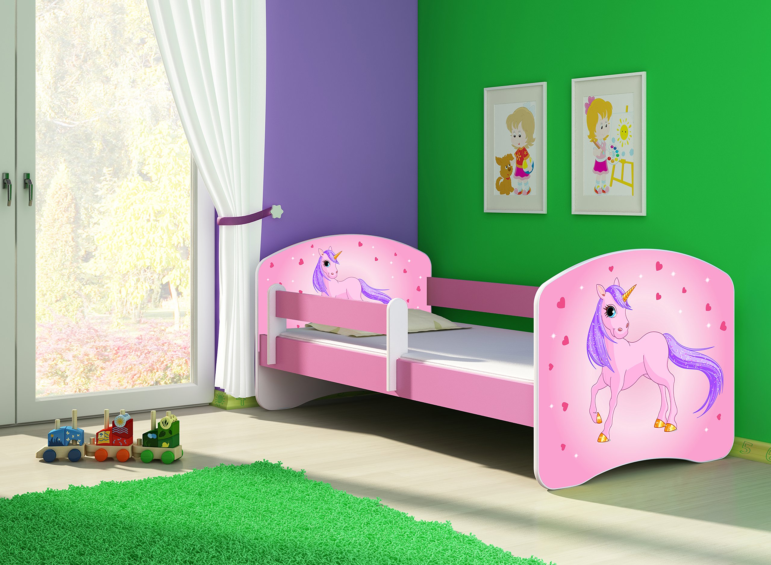 ACMA Kinderbett 80 x 160 cm mit Matratze & Lattenrost – Jugendbett mit Rausfallschutz, personalisiertes Motiv 17 Pony - Rosa, Mädchenbett ab 3 Jahren, belastbar bis 120 kg