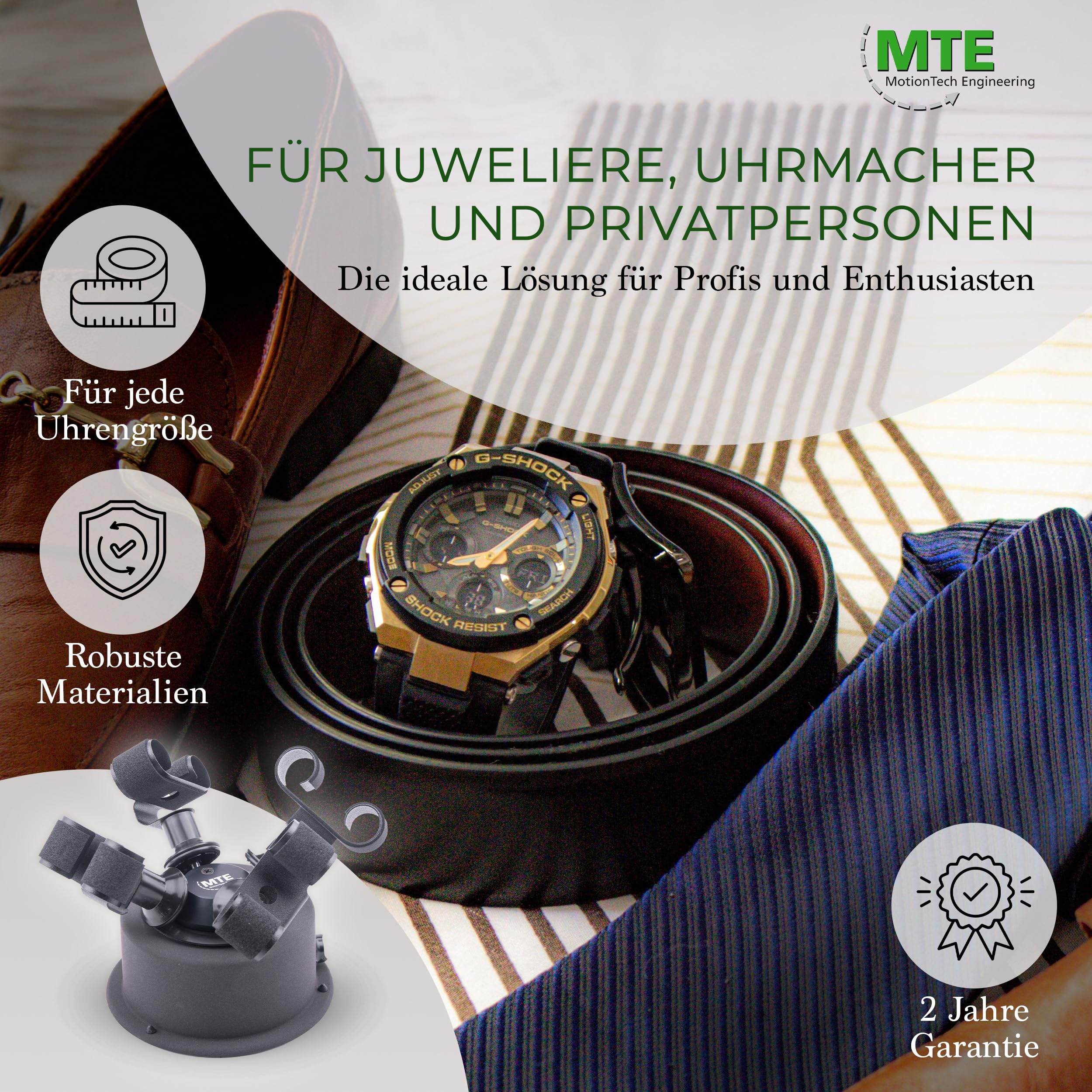 MTE Bewegungstechnik Uhrenbeweger (WTS 4 Anthrazit) bis zu 4 Uhren – Elektronisch gesteuerte Rotation und Pausen – Uhrenbeweger für Automatikuhren – leiser Watch Winder – Made in Germany