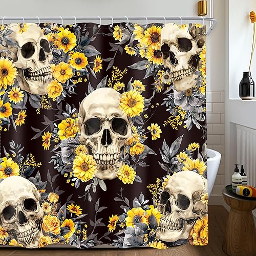 Miniatura 15 de AMBZEK Cortina de ducha con diseño floral de calavera gótica, 60 pulgadas de ancho x 72 pulgadas de largo, para hombre, esqueleto gótico,
