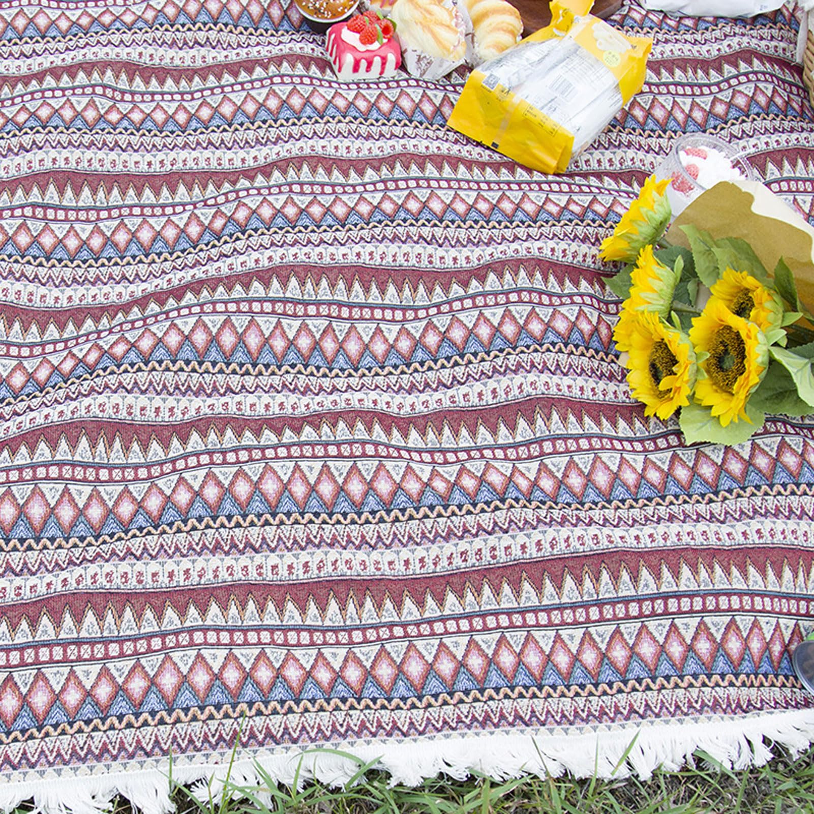 Czeski retro tkany koc piknikowy, przenośna mata kempingowa na zewnątrz, gruba, odporna na wilgoć osłona podłoża do raczkowania i pikniku, na plażę, do parku, na kemping i w podróż (150x200cm)
