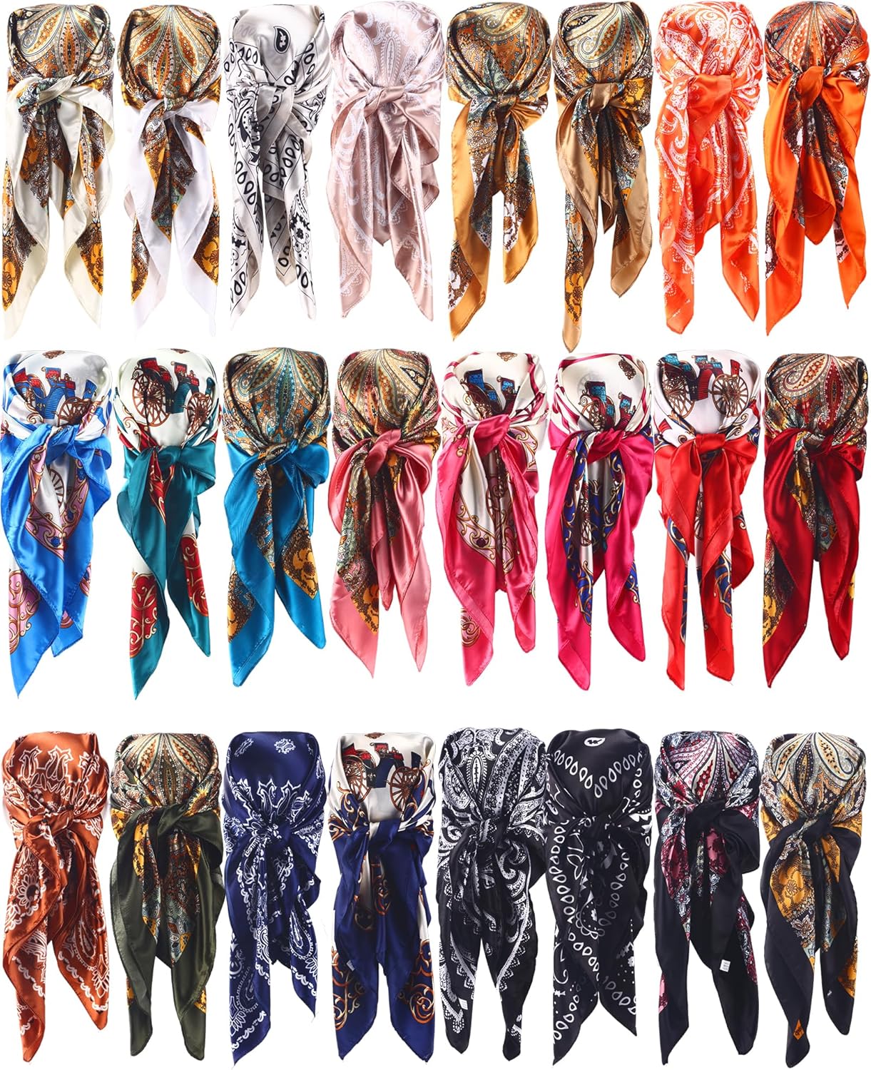 Liitrsh 24 Pcs 35 Inch Satin Large Head Scarves for Women Silk Head Wrap Vintage Bandanas Square for Women, 24 Designs