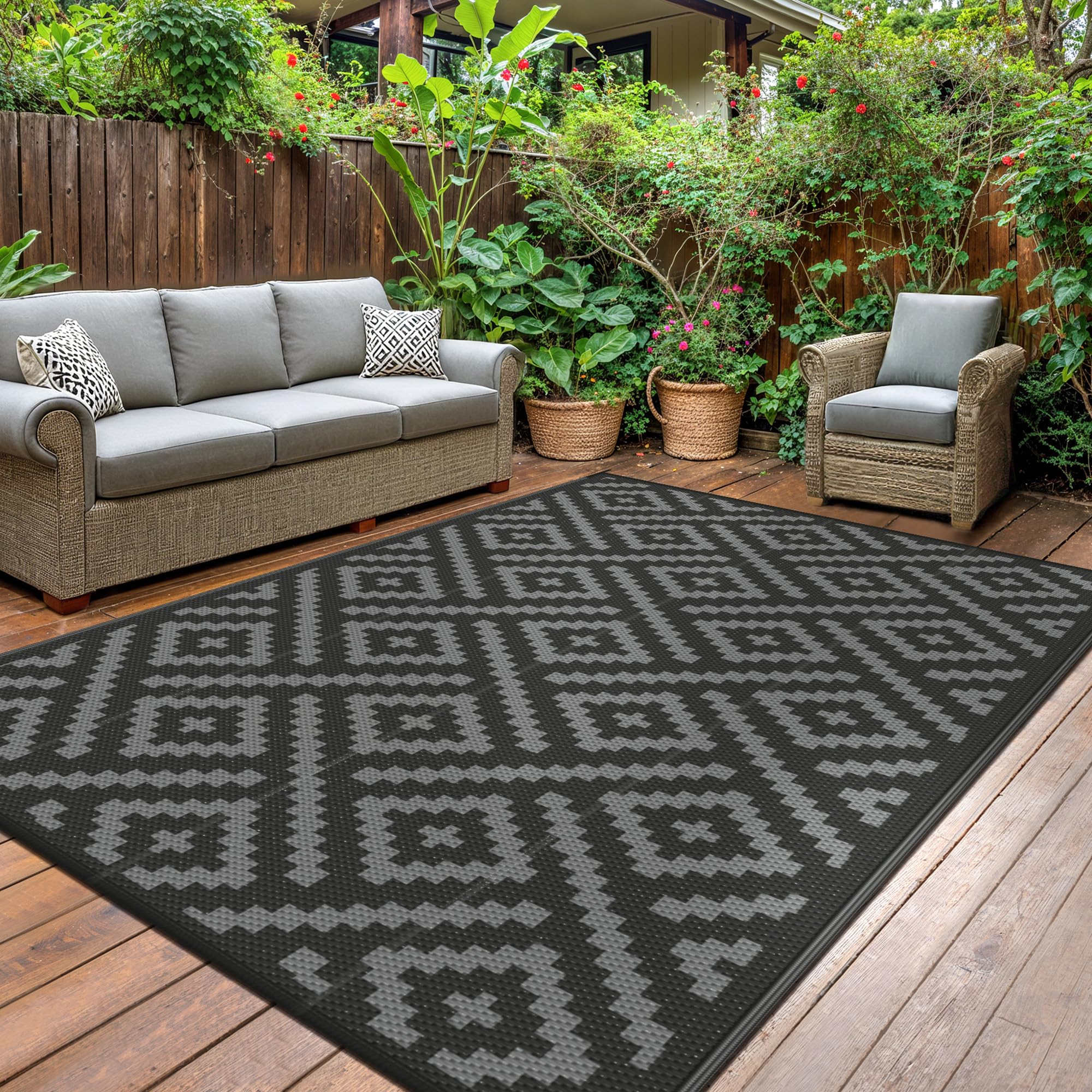 GENIMO Tappeto da Esterno, Impermeabili Eeversibili Lavabili Plastica,Tappeto Per Esterno per Terrazze,Giardinoin,Camper,Picnic,Balcone,Nero-Grigio,150x240cm