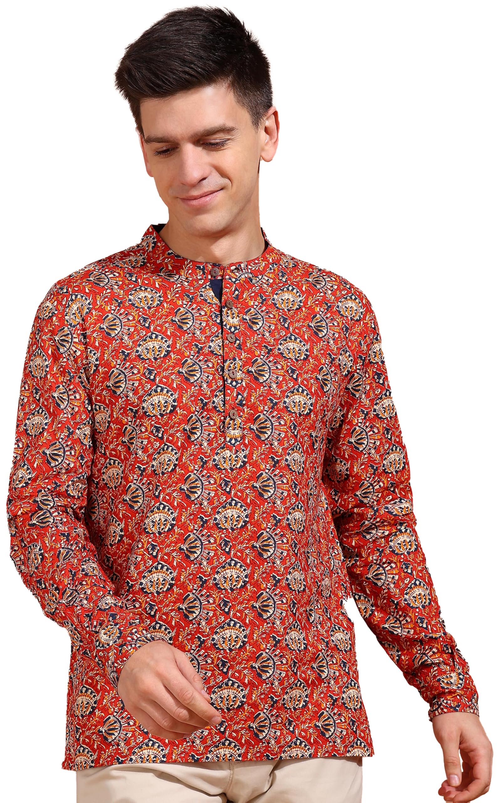Yash Gallery Men's Cotton Regular Fit Geometrical Printed Mandarin Collar Full Sleeves Short Kurta