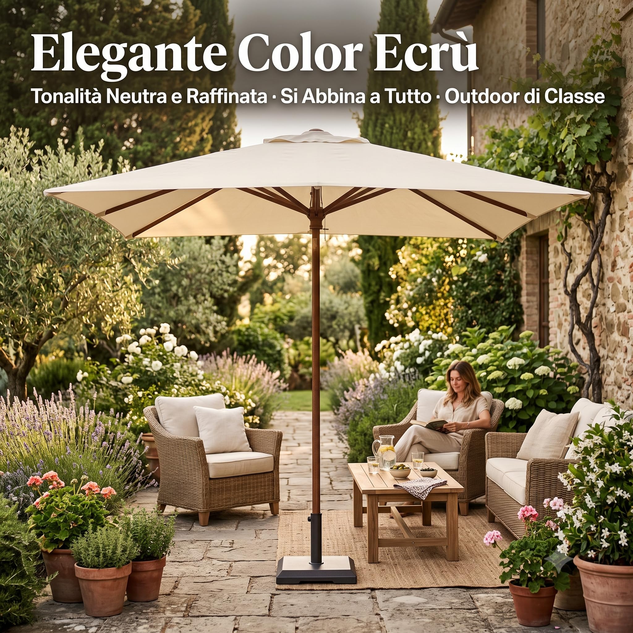 Lemag Ombrellone da Giardino Rettangolare 2x3 m con Manovella – Parasole Ecrù per Terrazzo e Esterno con Palo in Acciaio Robusto – Apertura Facile per Tavolo da Pranzo | Made in Italy