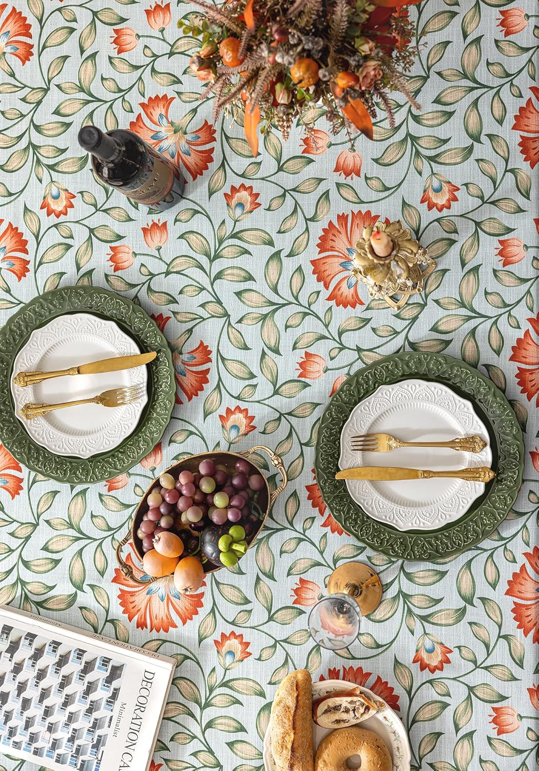 JIALE Table Cloth Rectangle Table, Cotton Linen French Designer Pattern Vintage Floral Table Cloth with Flowers and Leaves Farmhouse Table Cover for Kitchen Dining, Christmas, 60"x80" - Image 5