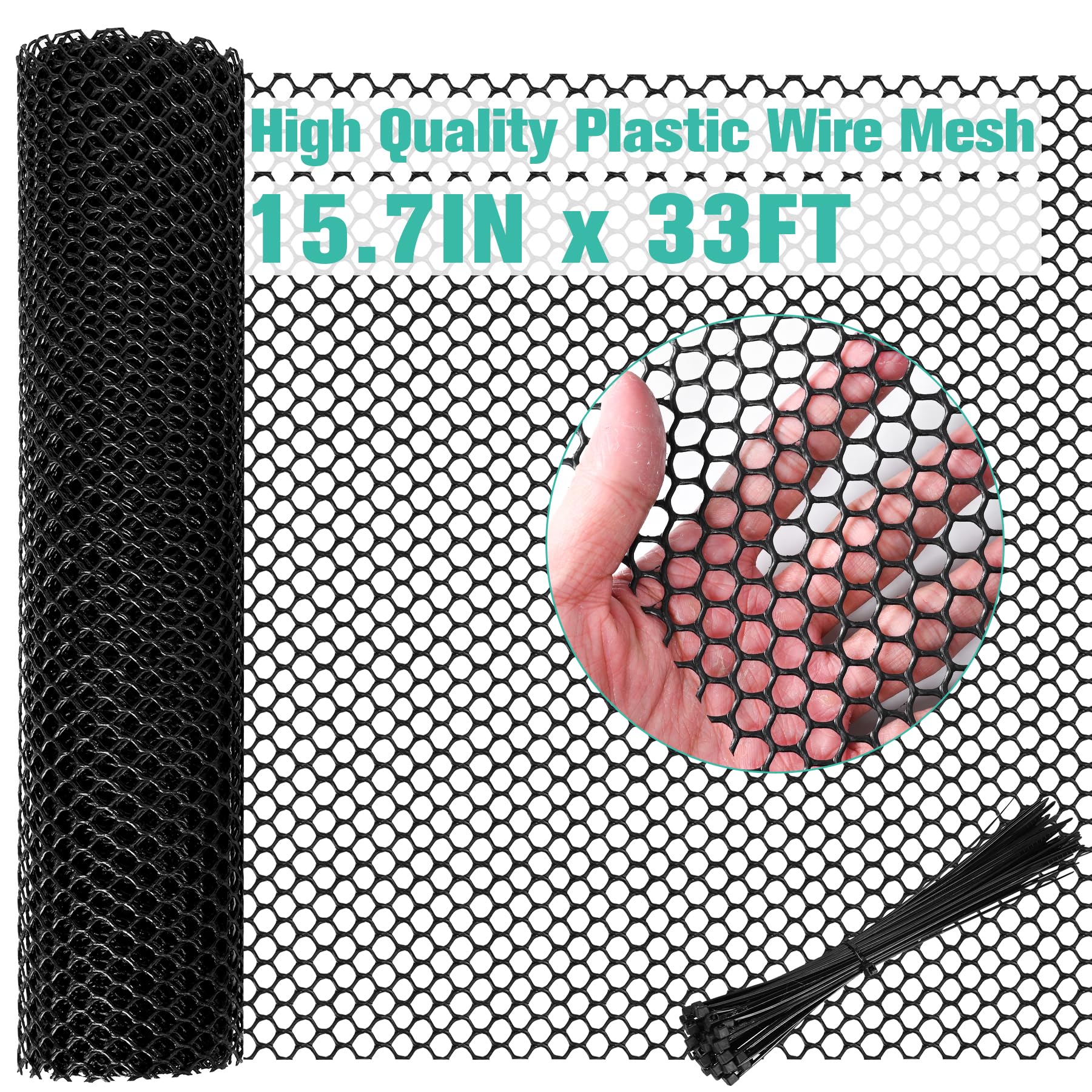 Plastic Mesh Fence Sheet 15.7IN x 33FT - 0.3IN Opening Plastic Chicken Wire Netting Roll Durable for Dogs, Poultry, Puppy, Garden Snake Barrier with 50 Pcs Zip Ties - Black