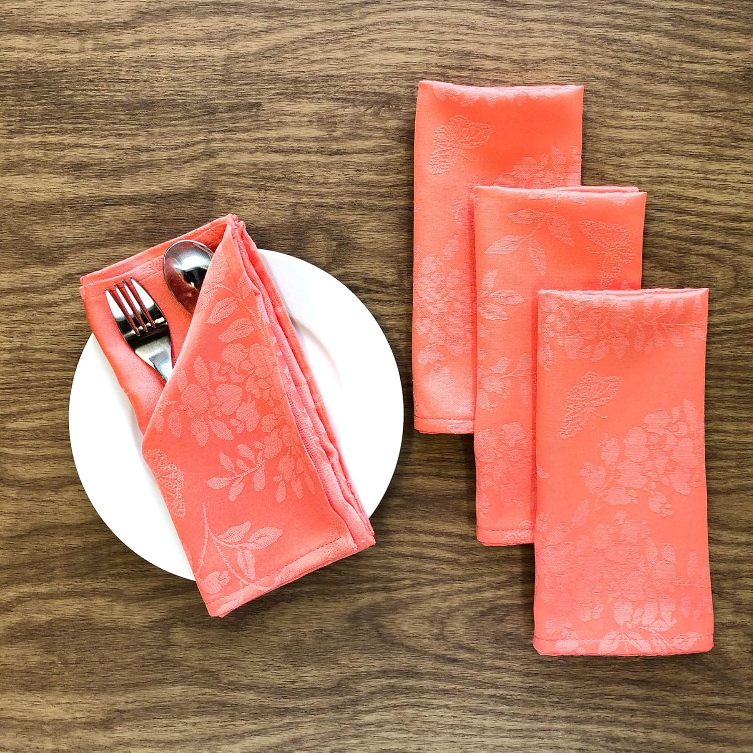 CAIT CHAPMAN HOME COLLECTION Solid Color Spring Garden with Butterflies and Flowers Jacquard Woven Tablecloth and Napkin (70" x 108" Rectangular, Coral)