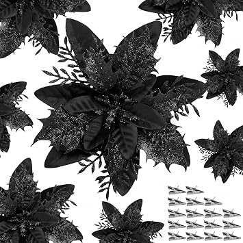 Childom 15 PCS Black Artificial Poinsettia Flowers with Clips,Christmas Decorations Glitter Poinsettia Christmas Ornaments Xmas Tree Flower with Stems DIY Xmas Wreath Home Holiday Party Supplies