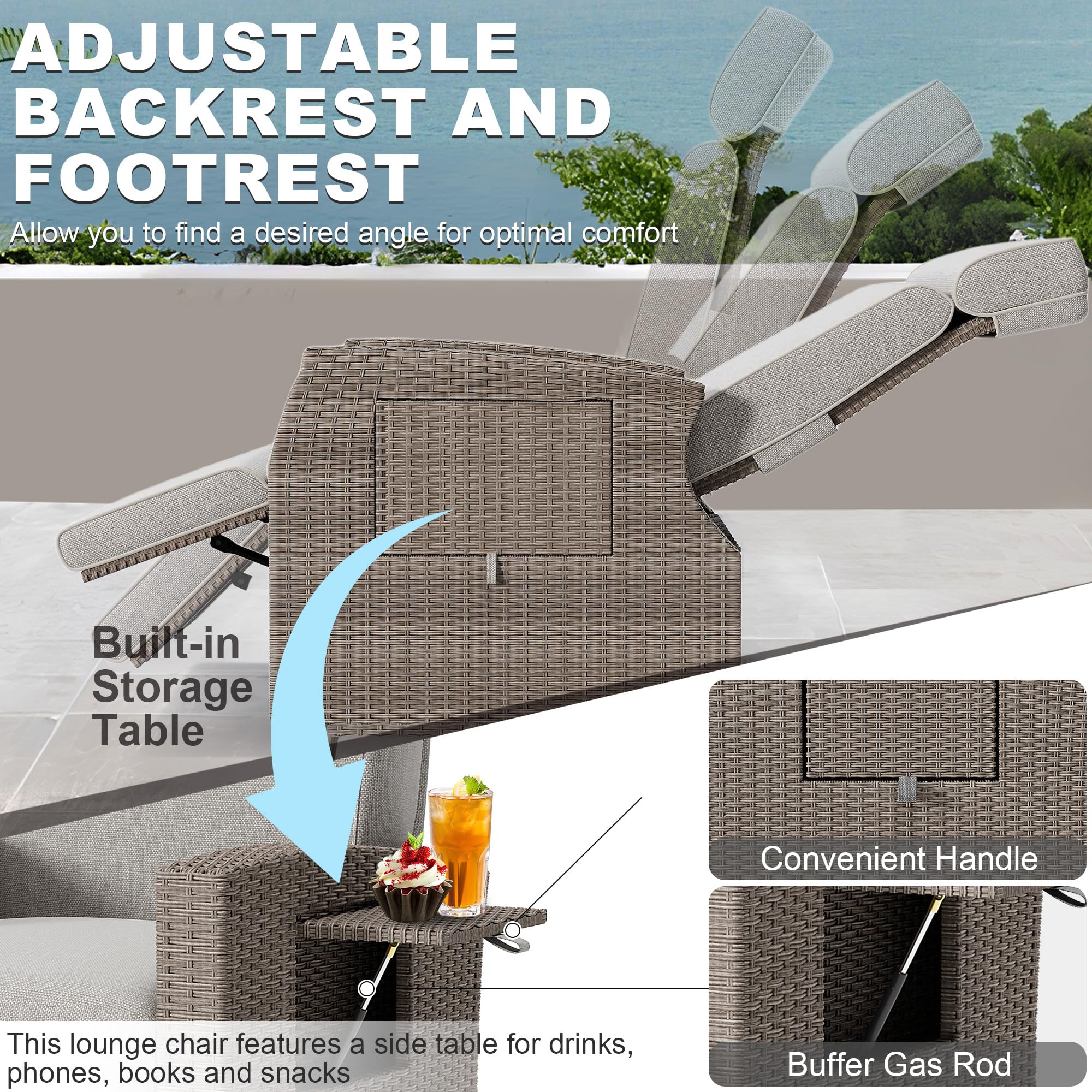 Fiutazge Fauteuil Relax Jardin en Rotin,Chaise Longue Jardin avec Coussin,Transat Jardin Exterieur,Dossier RéGlable,Table Latérale,Bain de Soleil pour Intérieur,Extérieur,Beige Coussin