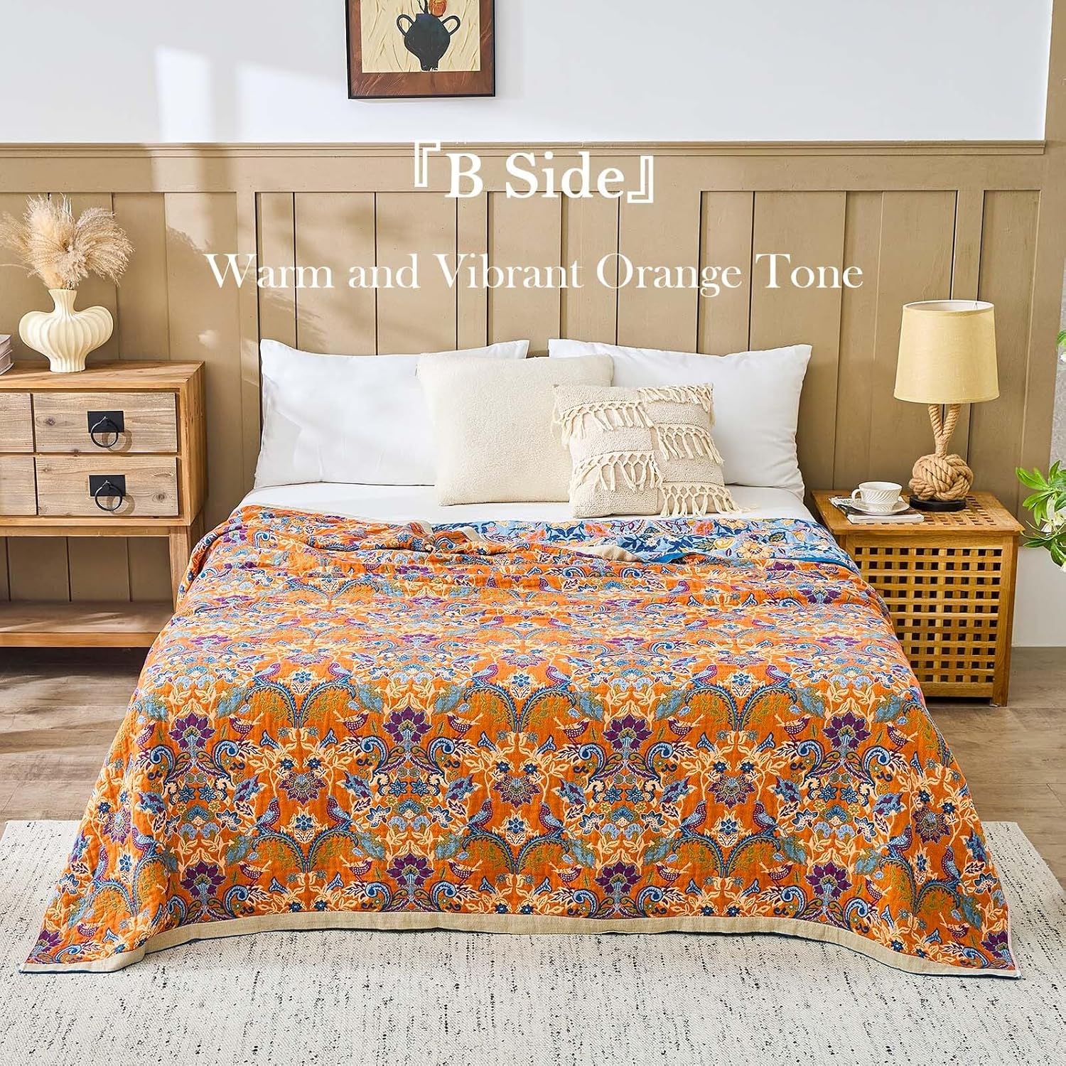 Blue Orange Fall Blanket 80"x 90" Boho Throw Blankets for Couch Bed Chair, 100% Cotton Quilts Warm Soft Blanket Muslin Bed Blankets Home Decor Farmhouse Warm Throws Gifts for Women Mom - Image 3