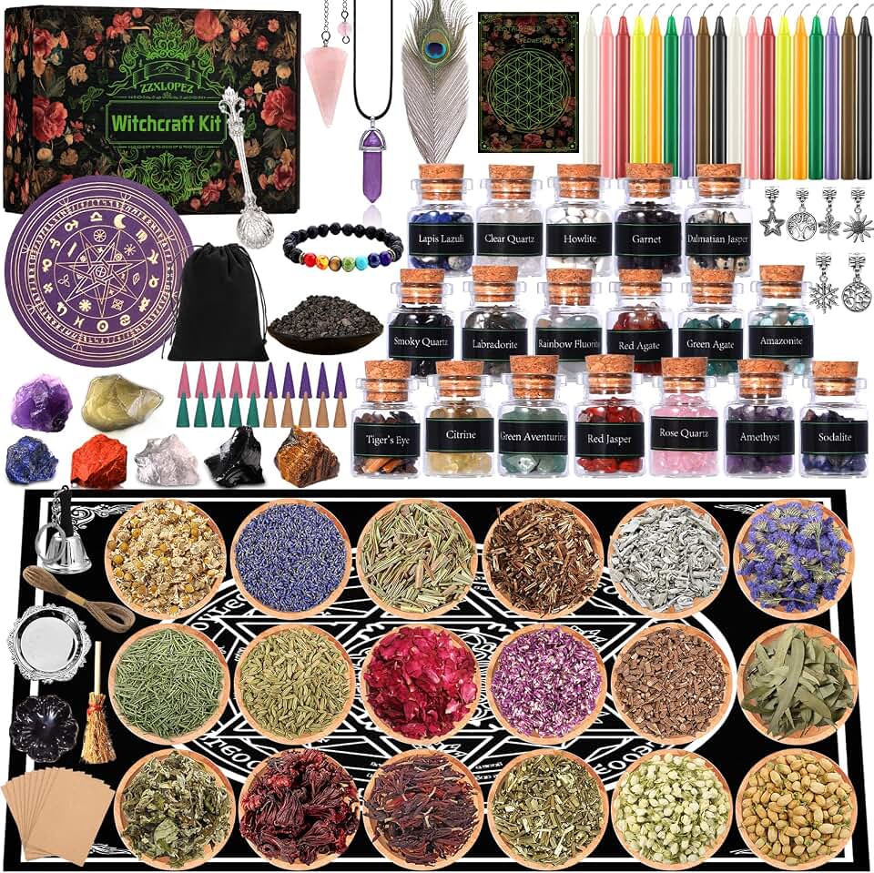 ZZXLOPEZ Kit de Brujería, Suministros de Brujería Kit de Brujería, Kit de Velas de Colores y Flores Secas, Suministros de Oración, Hechizos, Magia, Regalo para Mujer Regalos Originales