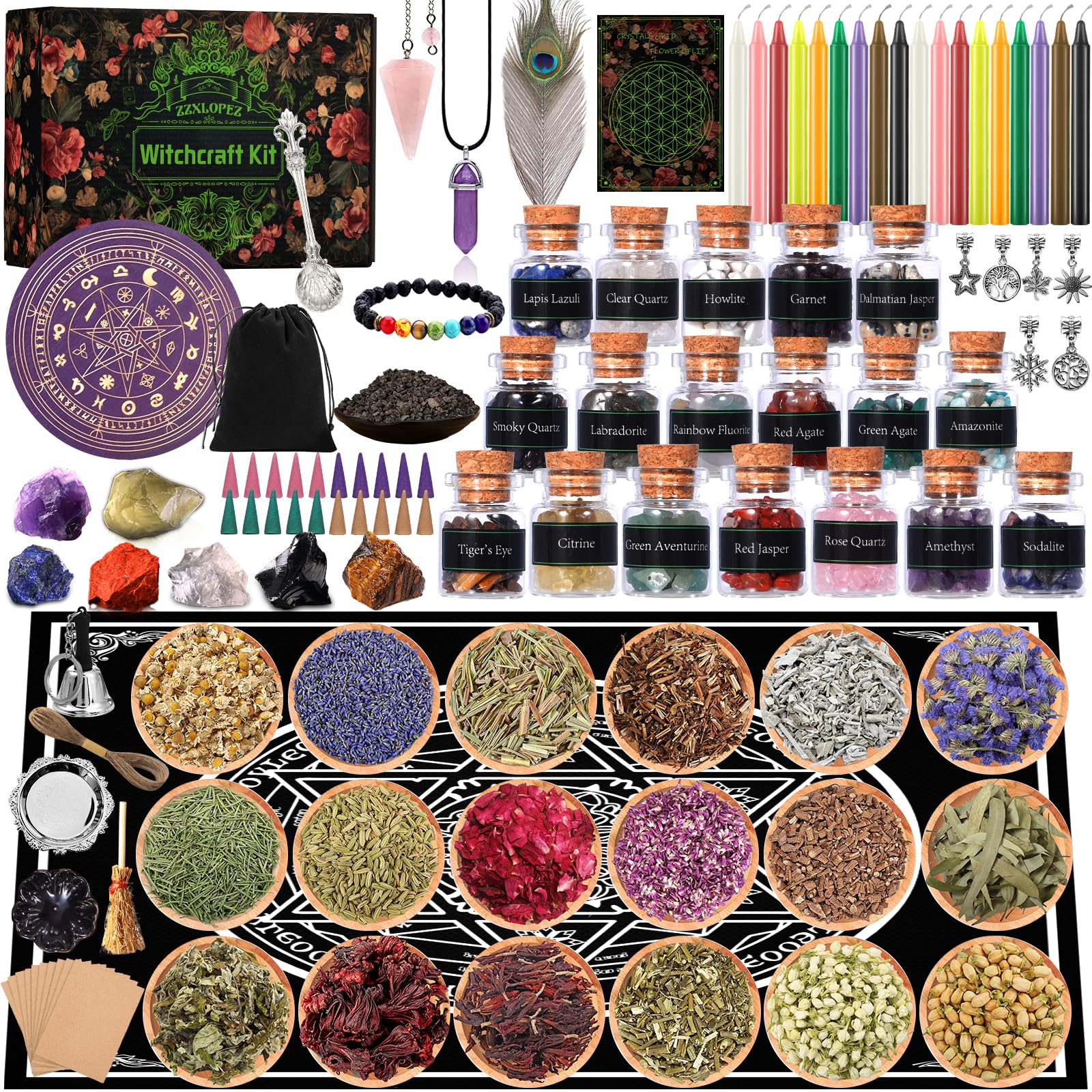 ZZXLOPEZ Starter Witch Kit 122 Stück Witchcraft Kit, Kerzen Kleine, Trockenblumen, Kristallen, Messlöffel, Pergamentpapier, Getrommelte Edelstein-Kristallchips für Chimes, Magie, Hexerei, Rituale