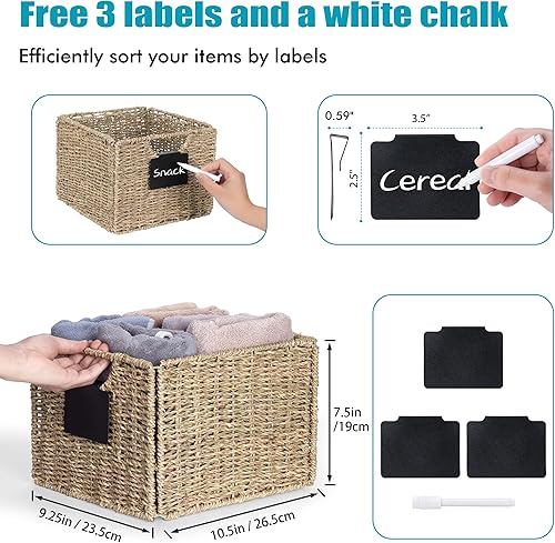 Miniatura 3 de Seagrass Storage Baskets with Labels, 10.5x9x7.5in Wicker Storage Basket, Storage Baskets for Shelves Set of 3, Pantry Baskets Organization,Kitchen