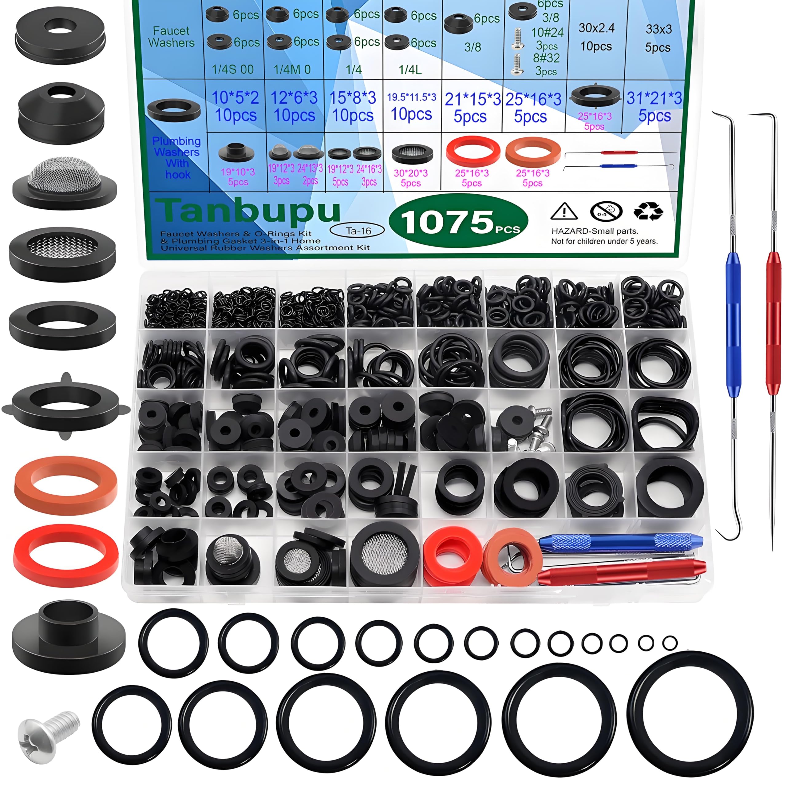 37 Sizes 1075Pcs 3-in-1 Home Universal Rubber Washers Assortment Kit Faucet washers & O-Rings & Plumbing gaskets for Faucets, Hoses, Spigots and Other Plumbing Seal Repair with Pick Hook