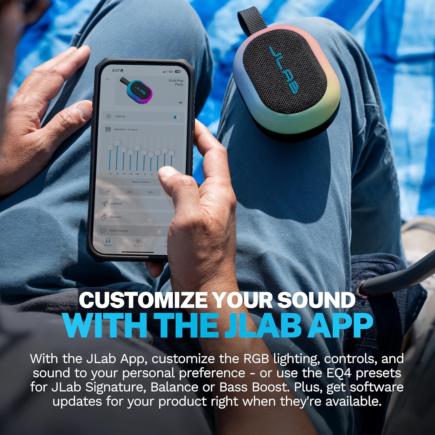JLab Pop Party Portable Bluetooth Speaker, Black, 8+ Hours of Playtime, IP55 Waterproofing, Detachable Loop Handle, Customizable RGB LED Lighting, Lab Sync Up to 100 Speakers, Custom Sound in-App - Image 7