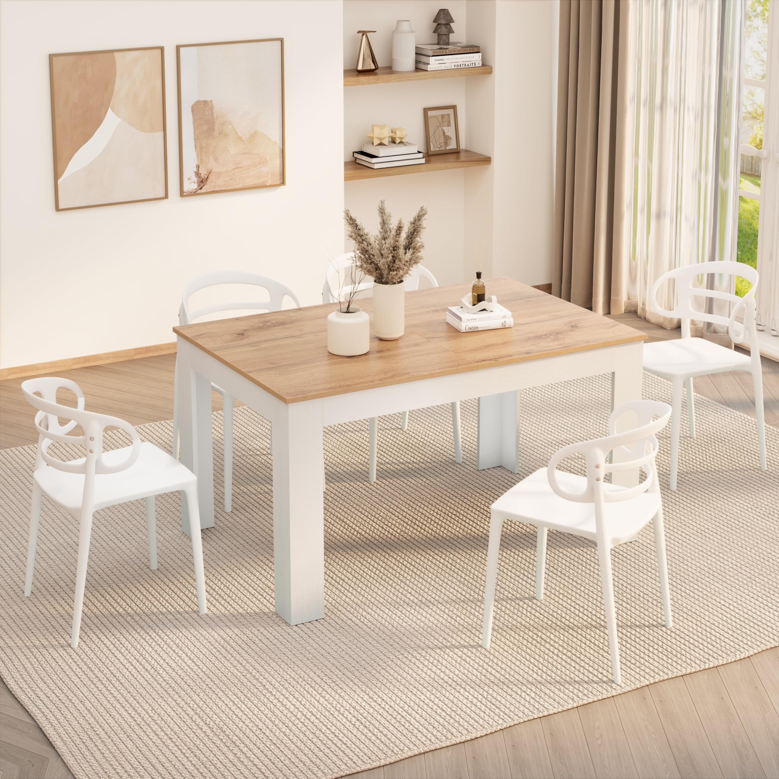 MOBILI FIVER, Ausziehbarer Esstisch Easy, 140(220) x90 cm, Rustikale Eiche und Esche Weiss, Made In Italy