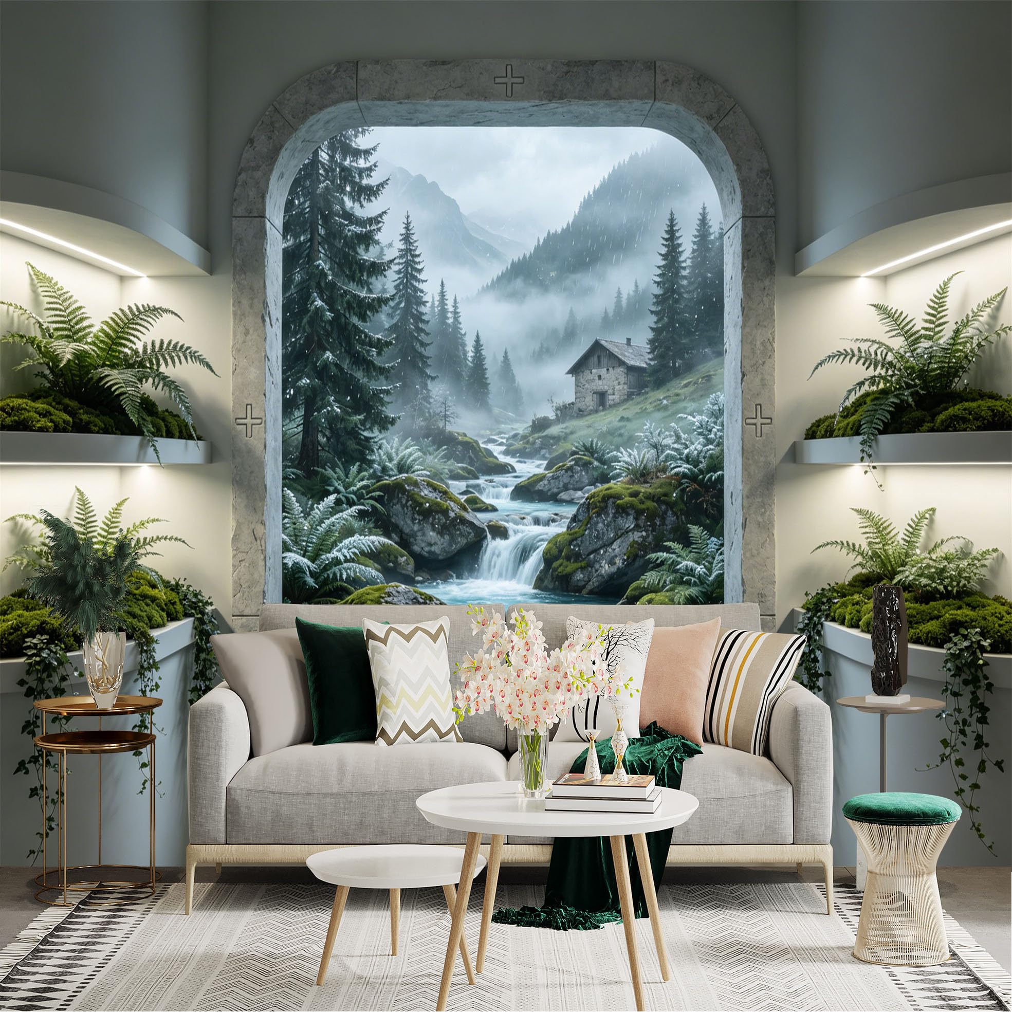Lnzczhyre Dbh260521471 Custom Size Wall Sticker Mural， Misty Mountain Stream， Rustic Cabin In Pine Forest， Natural Landscape View， For Wall Decoration， Peelandstick Wall Decals.