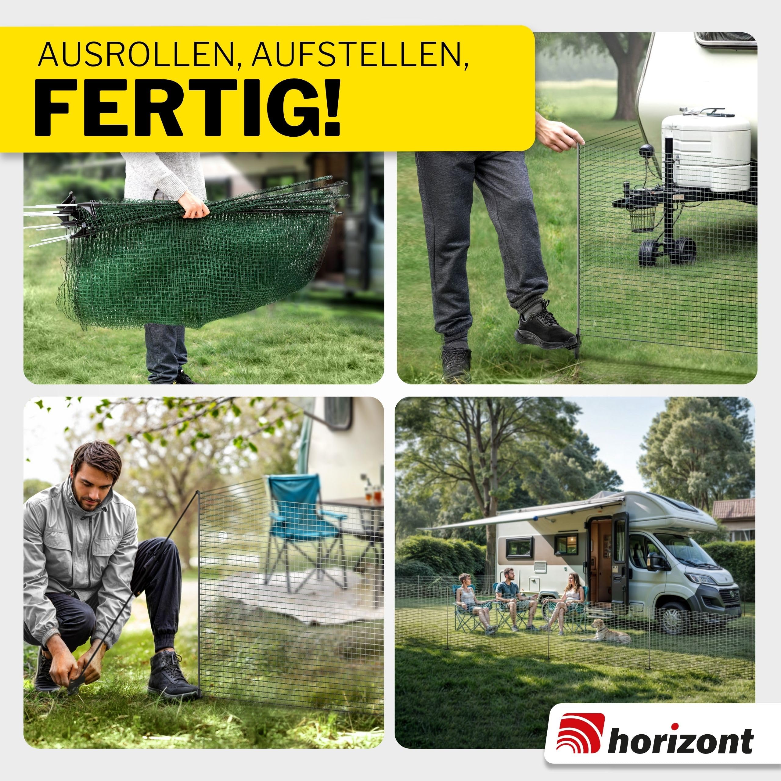 horizont Begrenzungszaun FIX, mobiler Zaun 25m Lang & 110cm hoch, engmaschig für Garten, Camping & Haustiere, inkl. 15 Fiberglaspfählen & 20 Heringen, Beetschutz, Hundezaun, Absperrzaun, Steckzaun